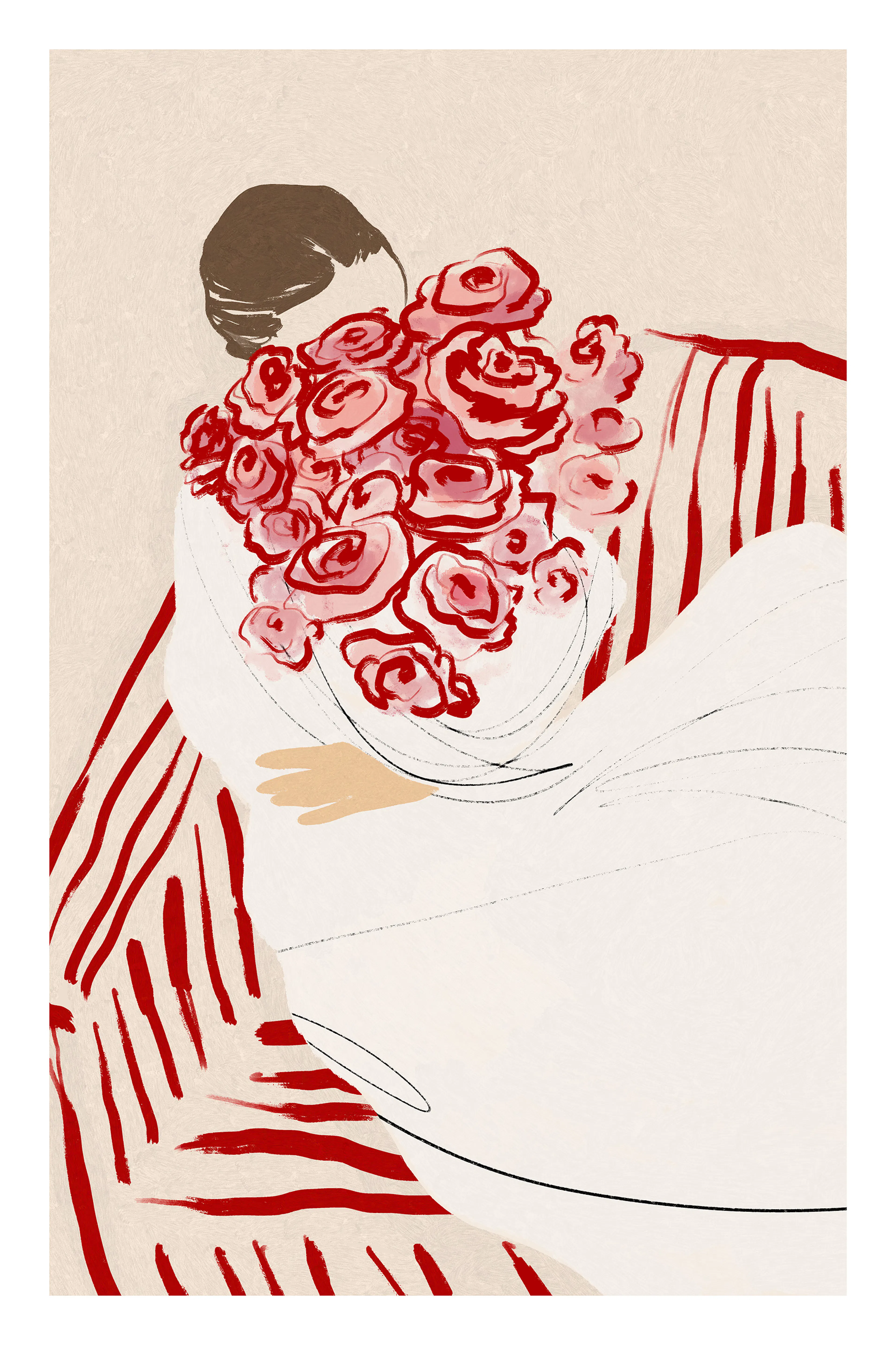 Ilustrace ženy objímající kytici červených růží, s červenými pruhy v pozadí, stylizovaný plakát.