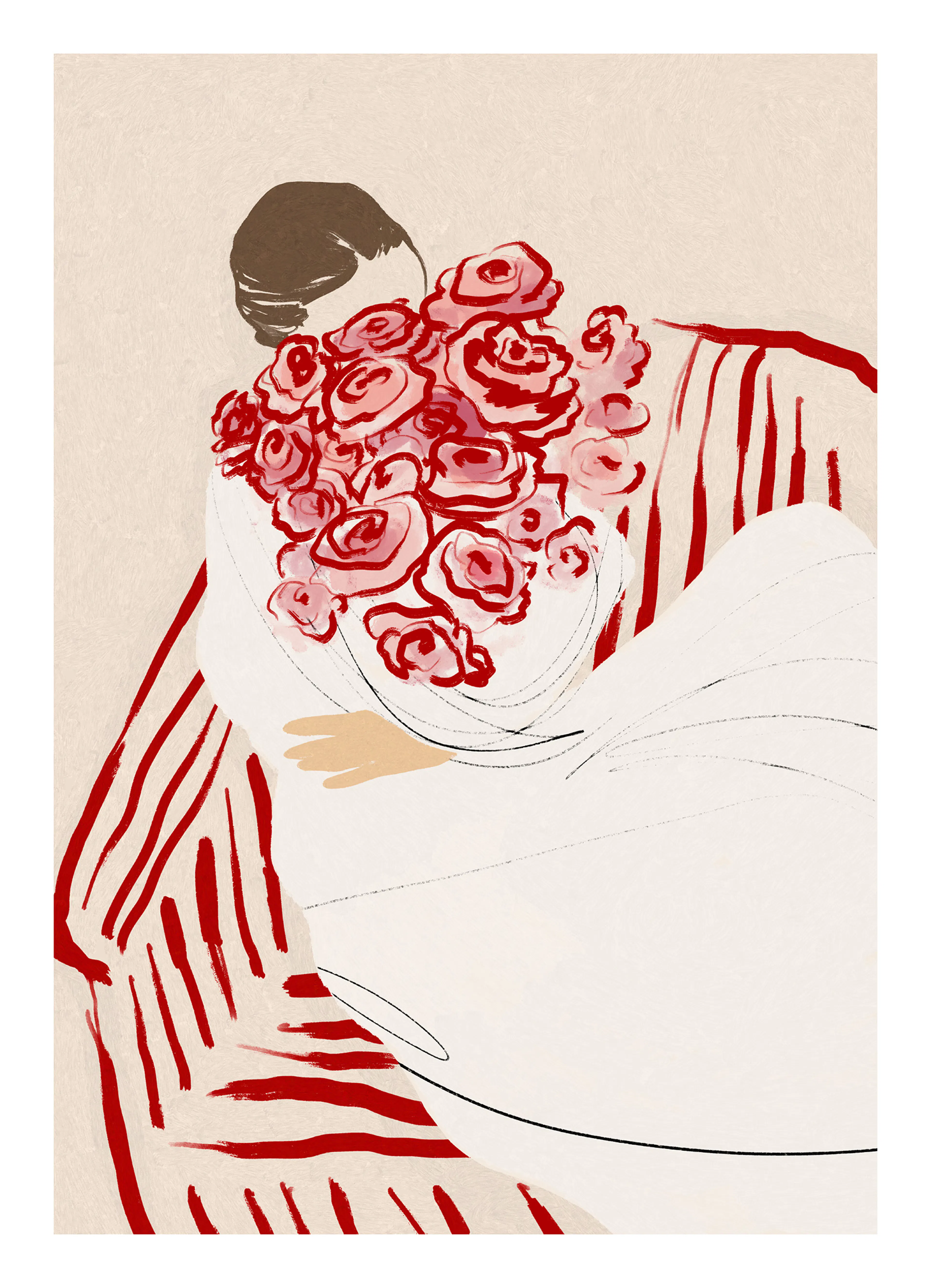 Illustration af kvinde, der omfavner en buket røde roser, sidder på en rød- og hvidstribet stol. Blomsterkunst plakat.