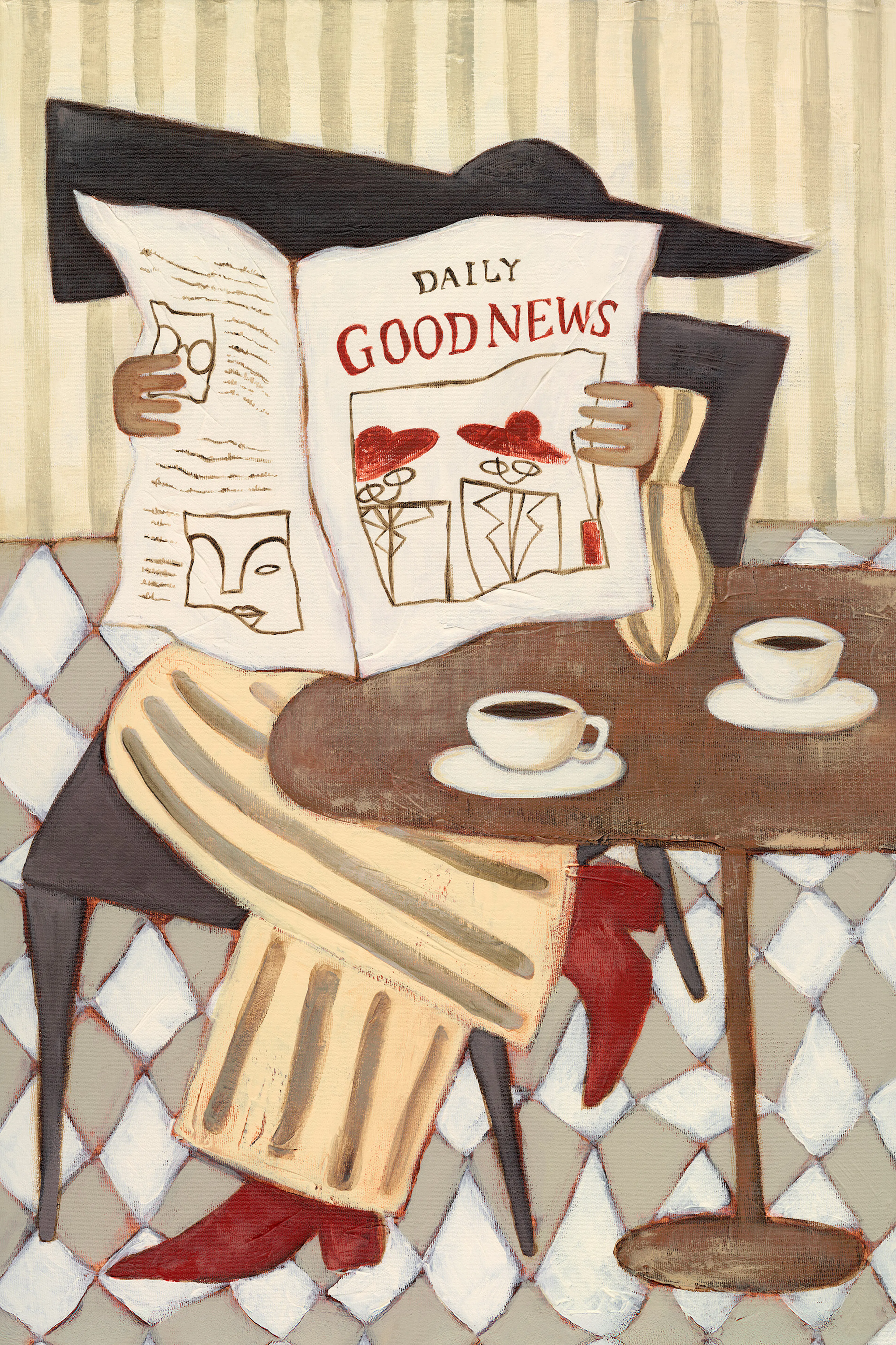 Poster van een persoon die een krant met DAILY GOOD NEWS leest aan een tafel met koffiekopjes.