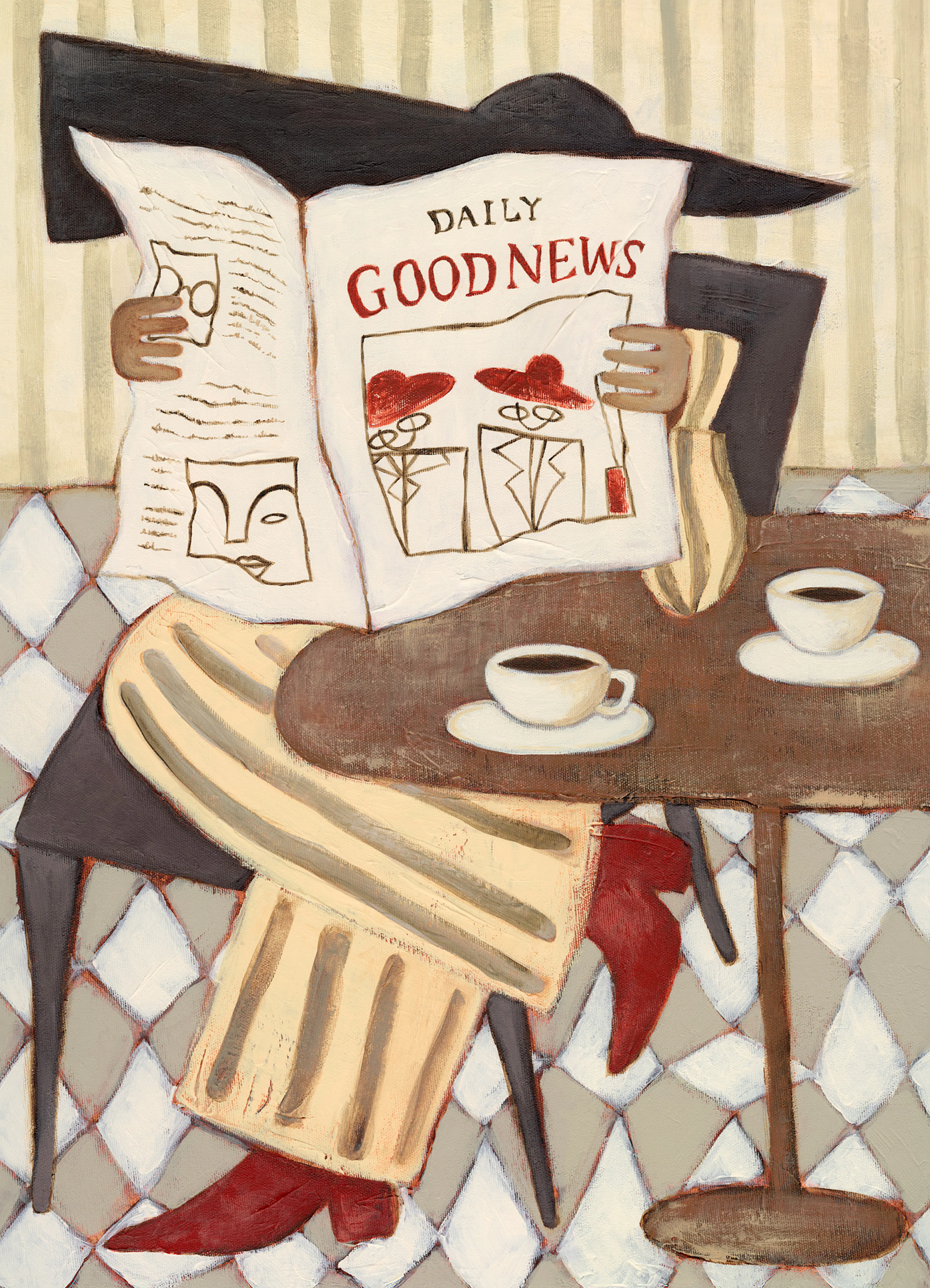 Un póster que muestra a una persona sentada en un café, leyendo el periódico Daily Good News con dos tazas de café en la mesa.