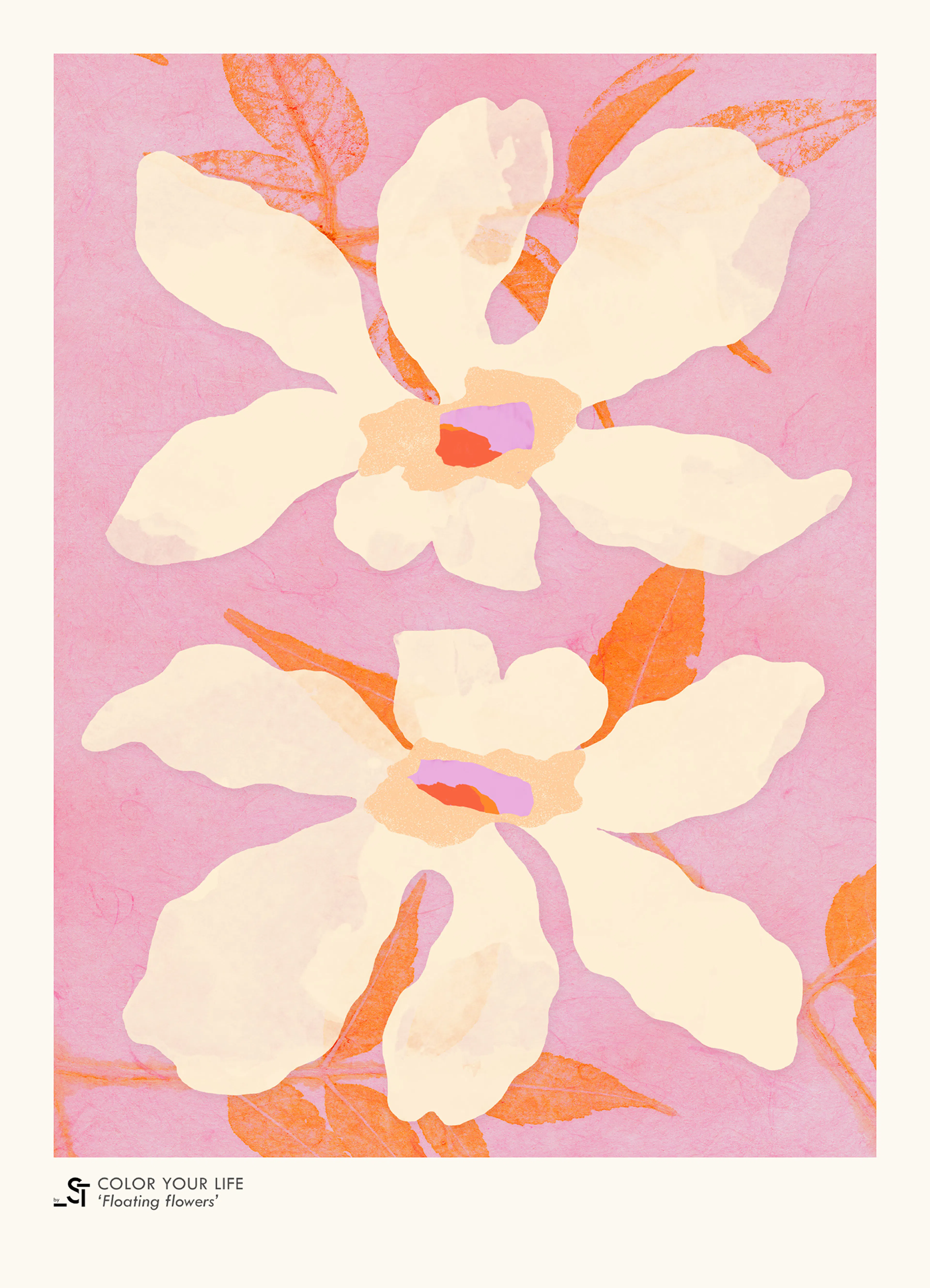 Affiche avec deux fleurs beiges et feuilles oranges sur fond rose, typographie blanche en bas