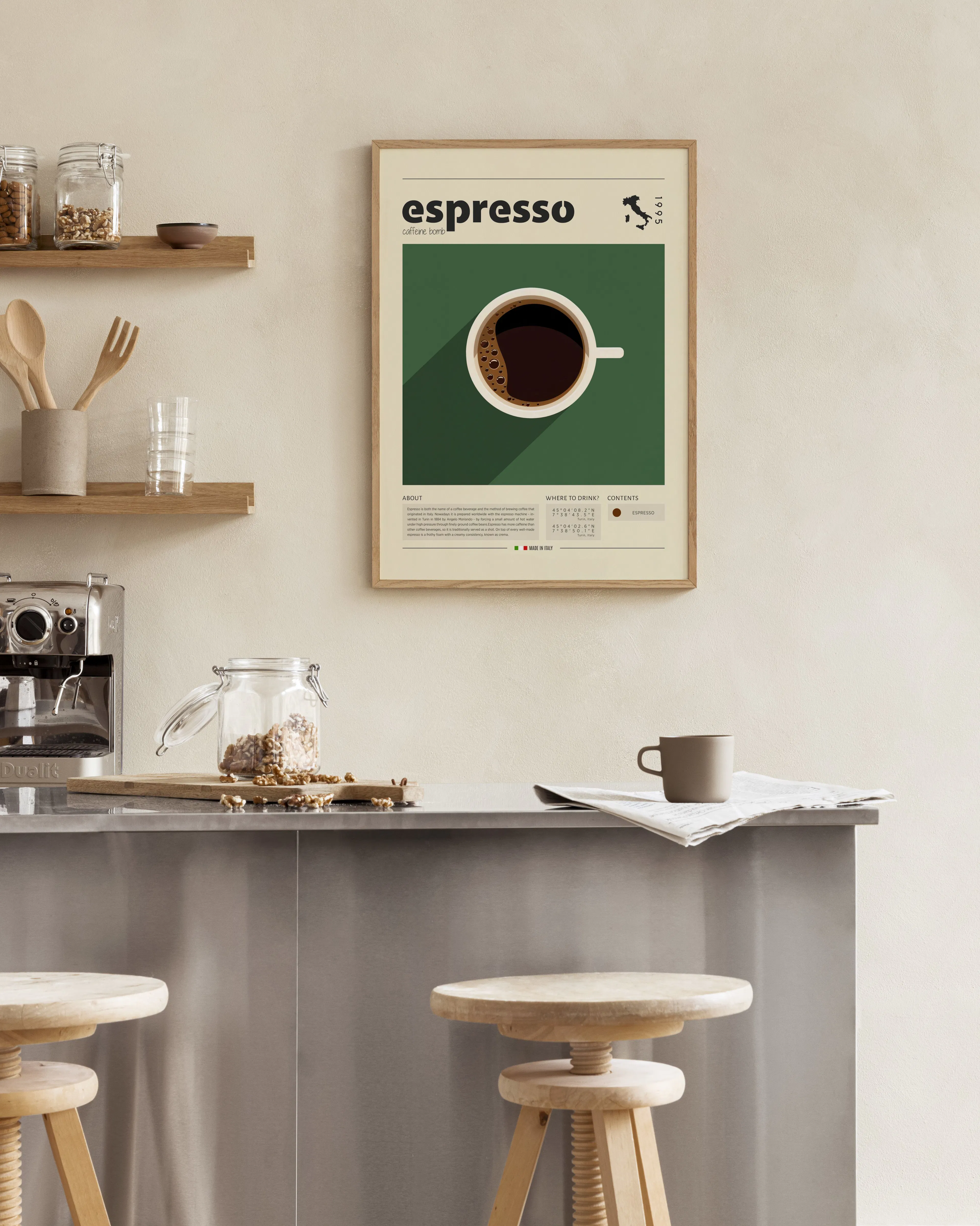 A coffee print of an espresso cup on a dark green background, hanging above a kitchen counter with stools.