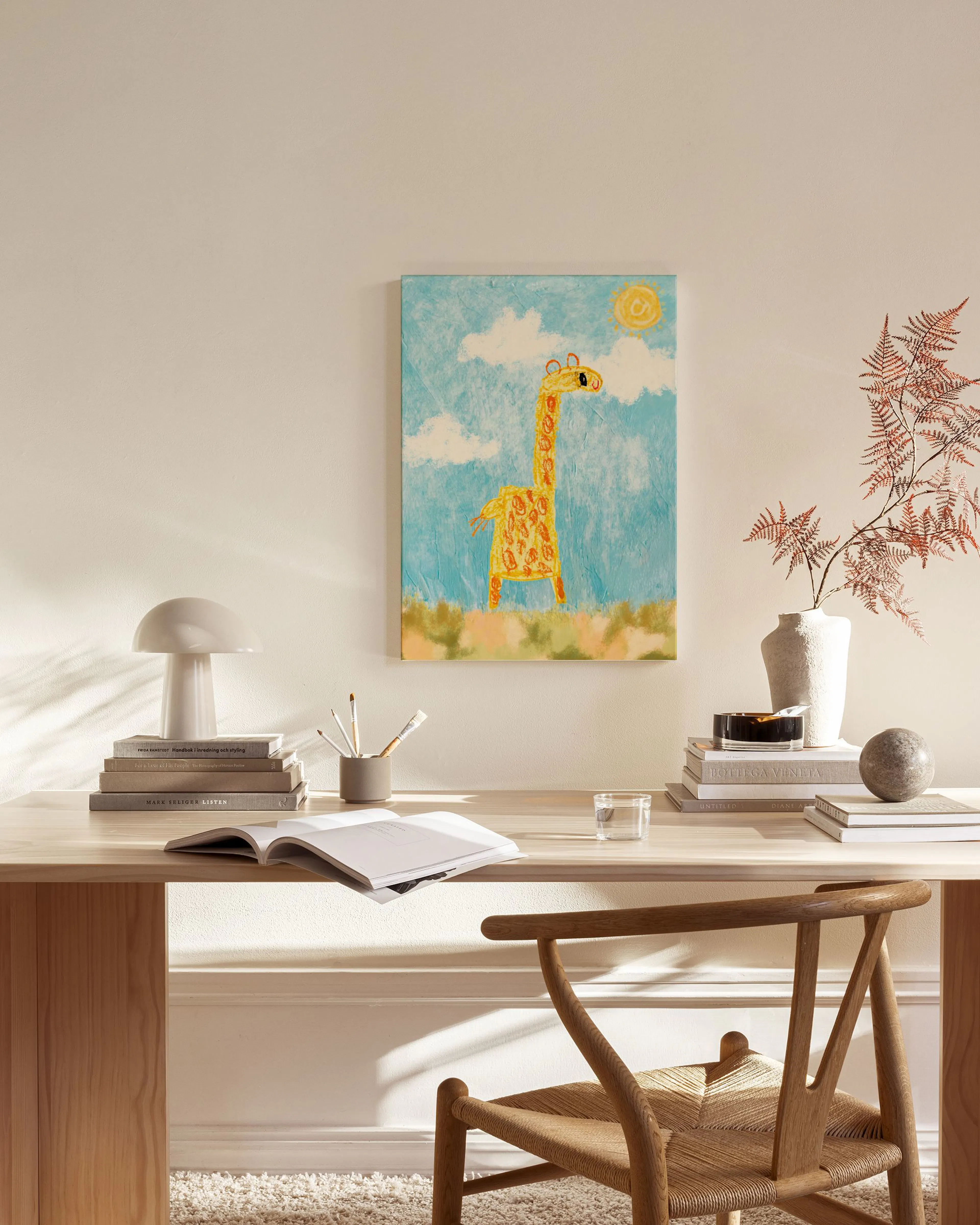 Sunny Giraffe, Söt Giraff Canvastavla för Barnrum