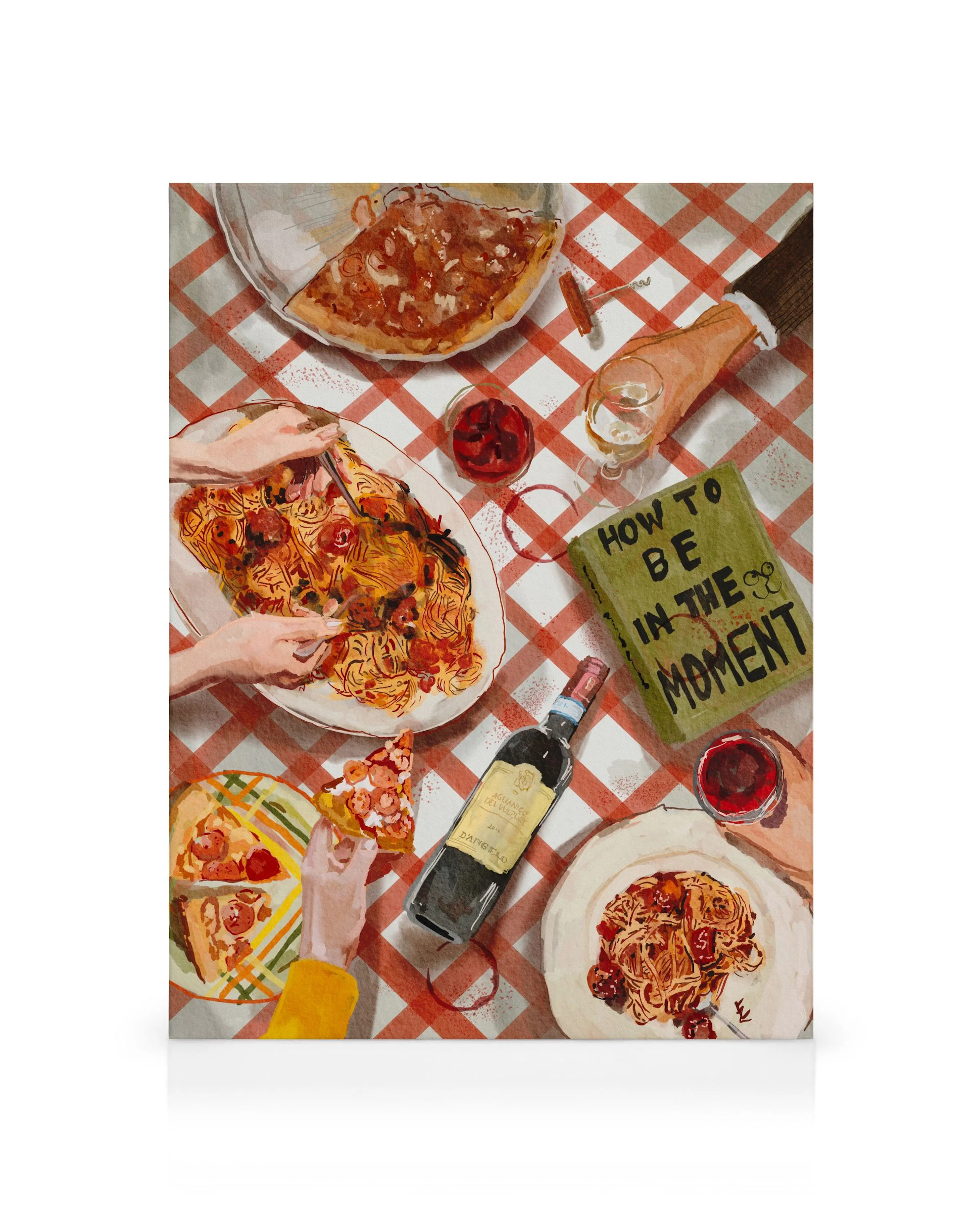 Ein Leinwandbild mit einer italienischen Tischszene: Pizza, Pasta, Wein und Hände auf einer rot-weiß karierten Decke.