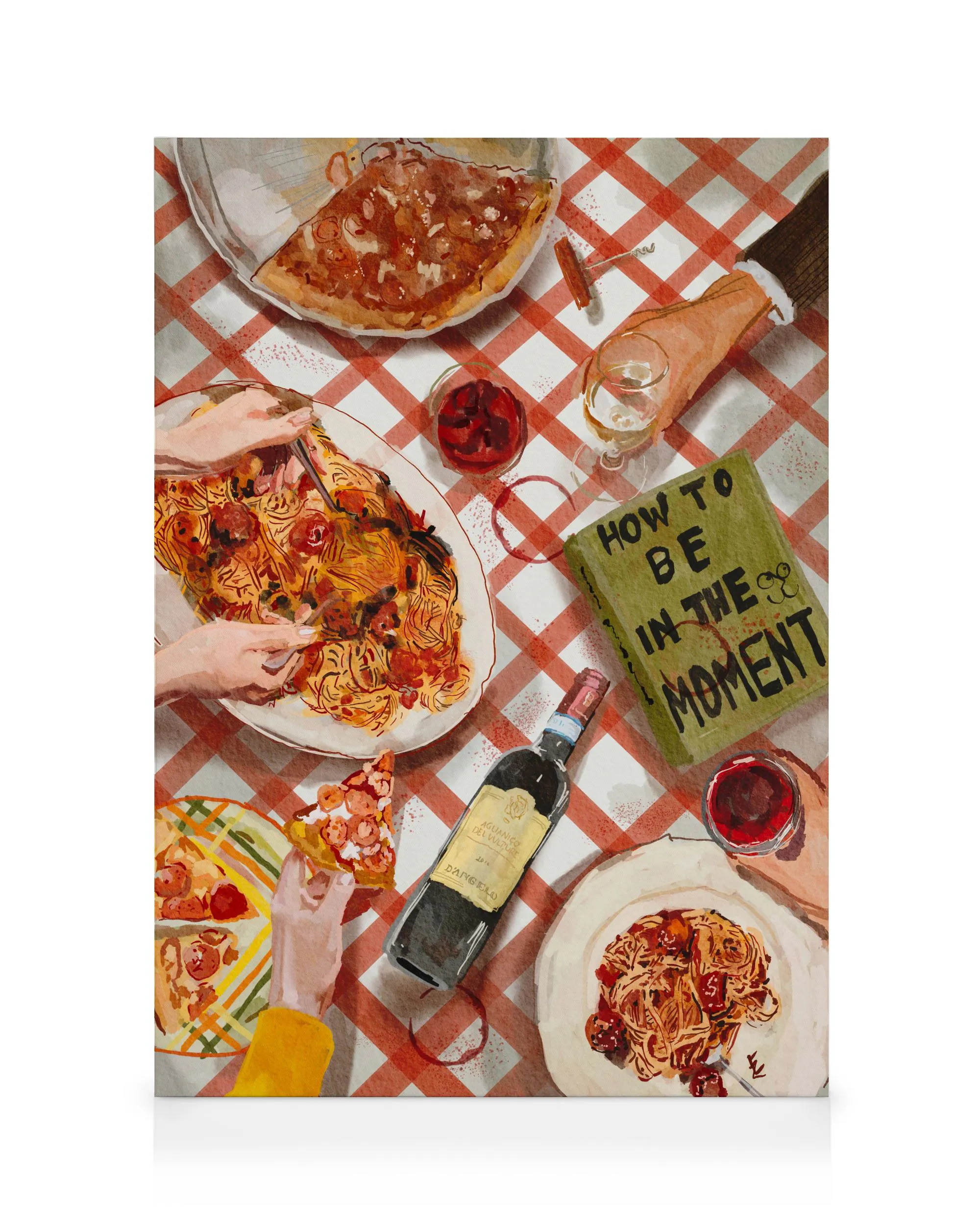 A lively canvas print depicting an Italian dinner scene with hands serving pasta, pizza, wine, and a book on a red checkered tab