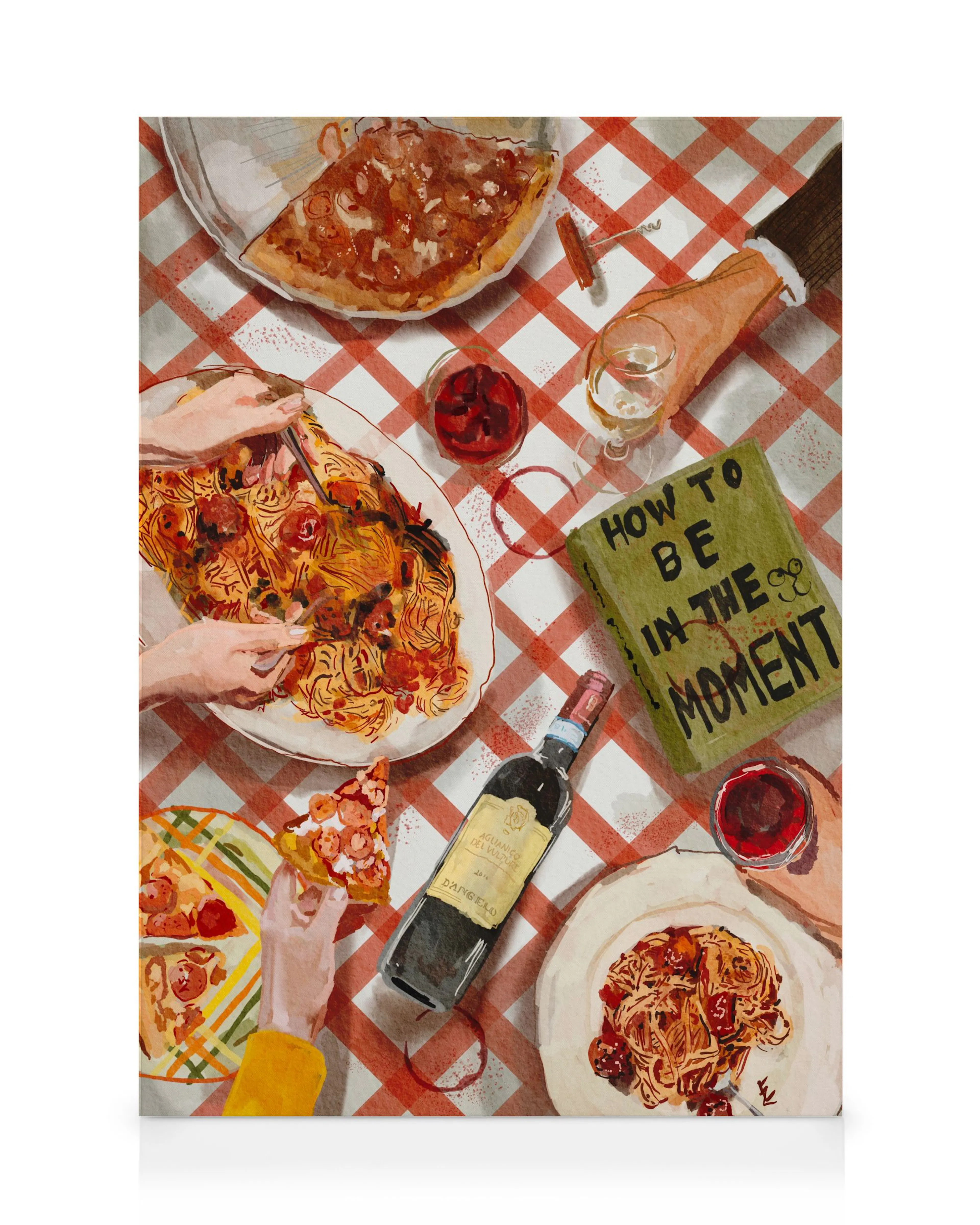 A canvas print of an Italian dinner party with pizza, pasta, red wine, and a book on a red and white checkered tablecloth.