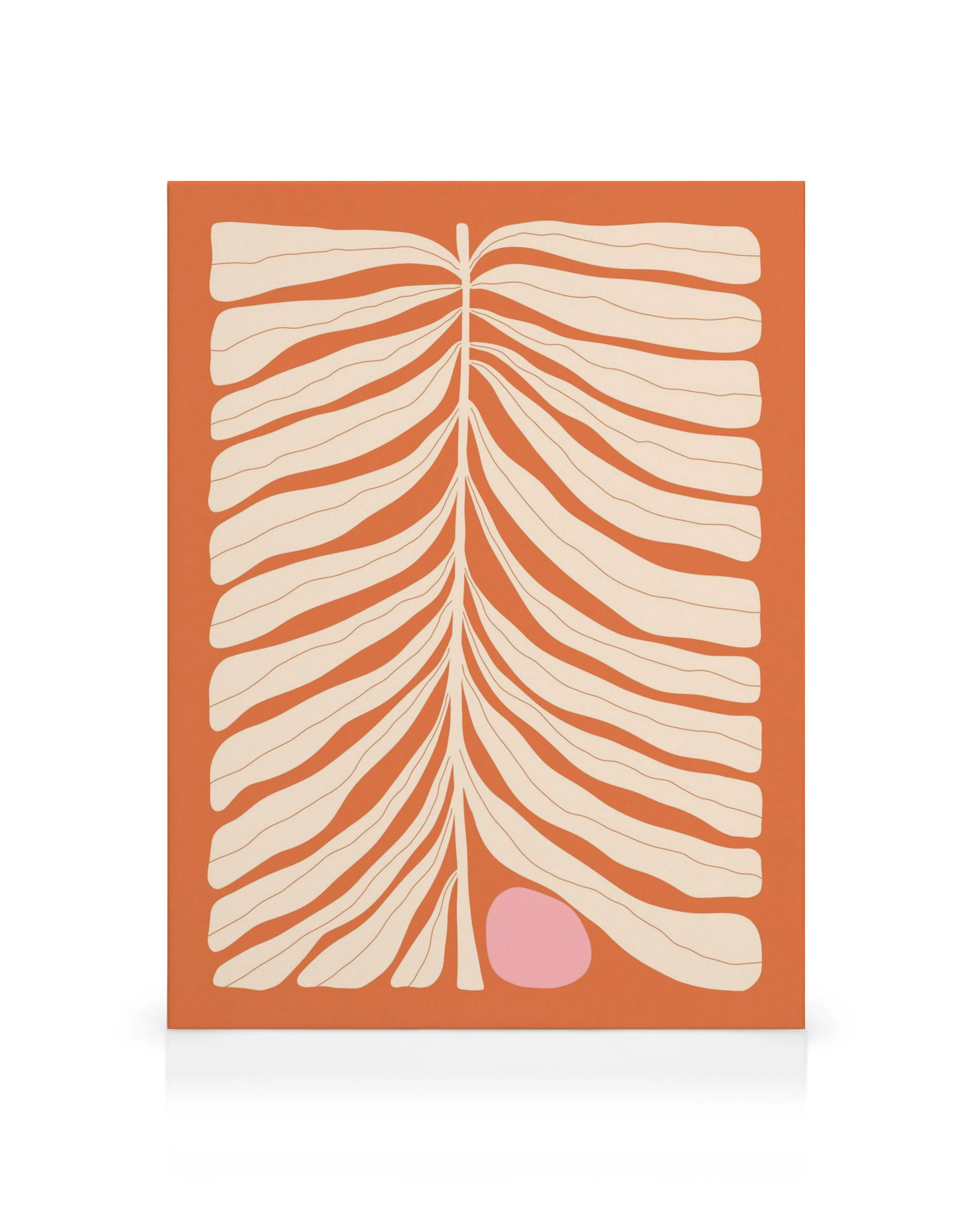 Arlo canvas print features a symmetrical design of white, curved lines resembling leaves or branches on a burnt orange backgroun