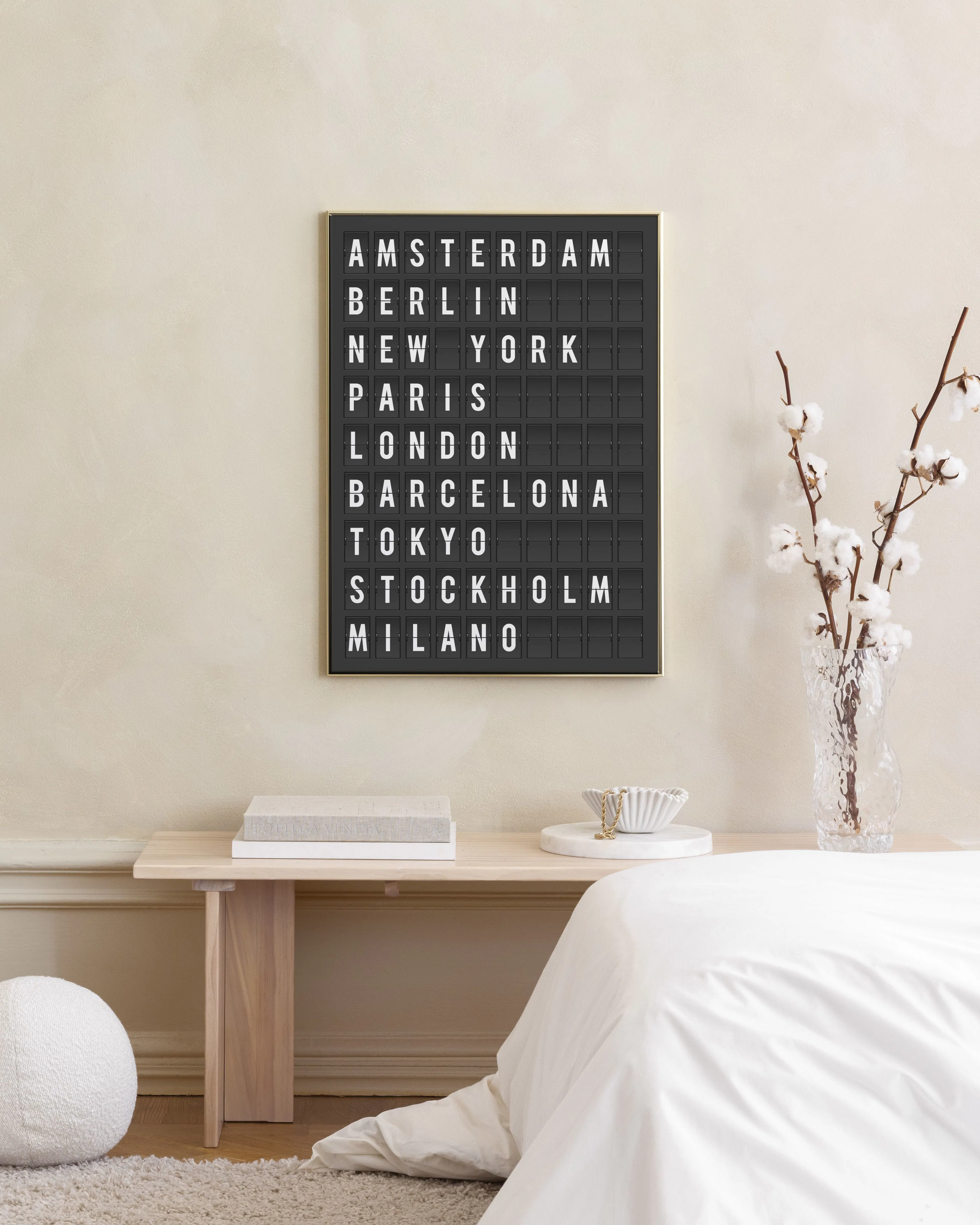 A black and white print of city names like New York and London on a white wall above a white dresser.