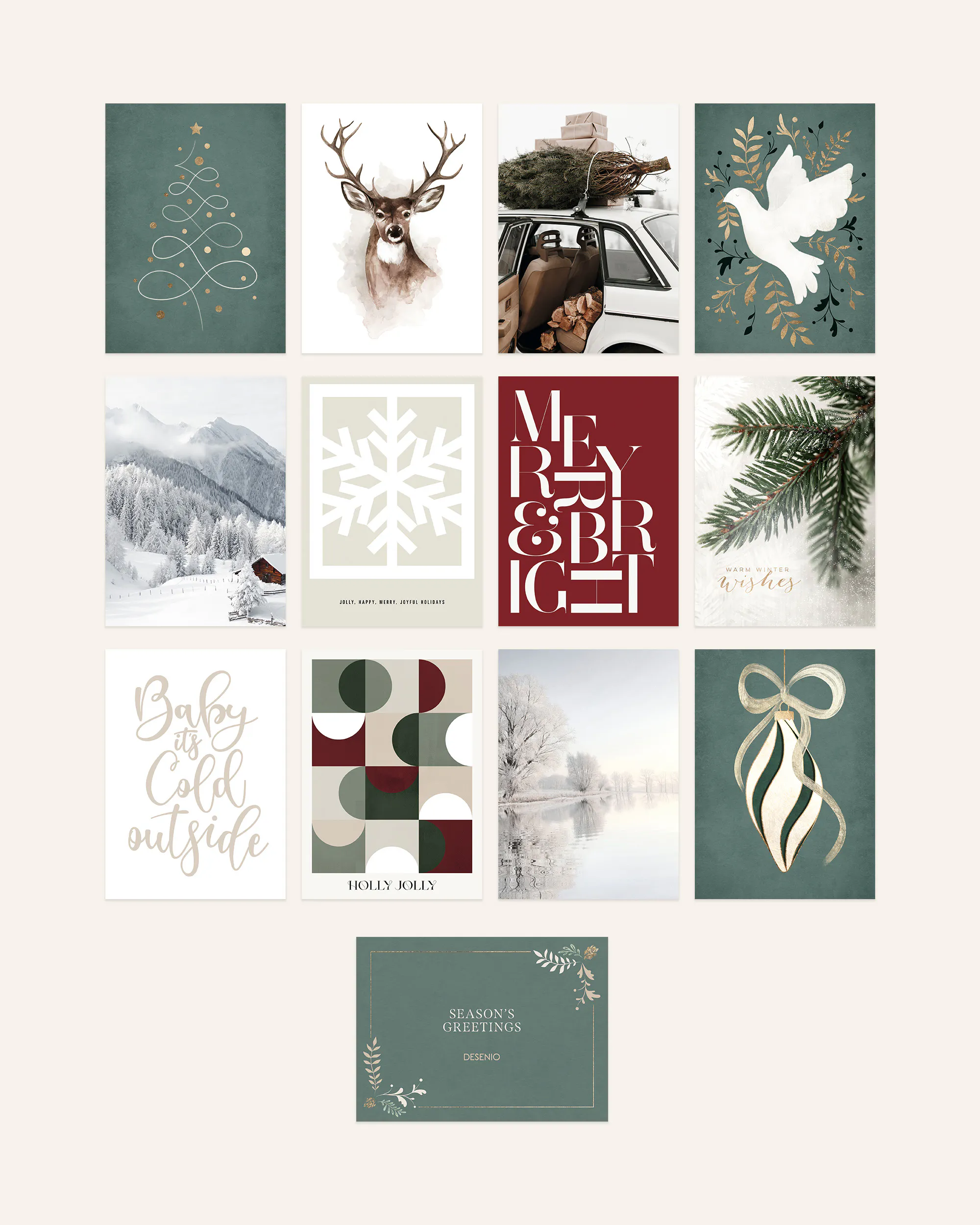 Ensemble de 12 affiches de Noël avec typographie, photos dhiver et illustrations artistiques de fêtes.