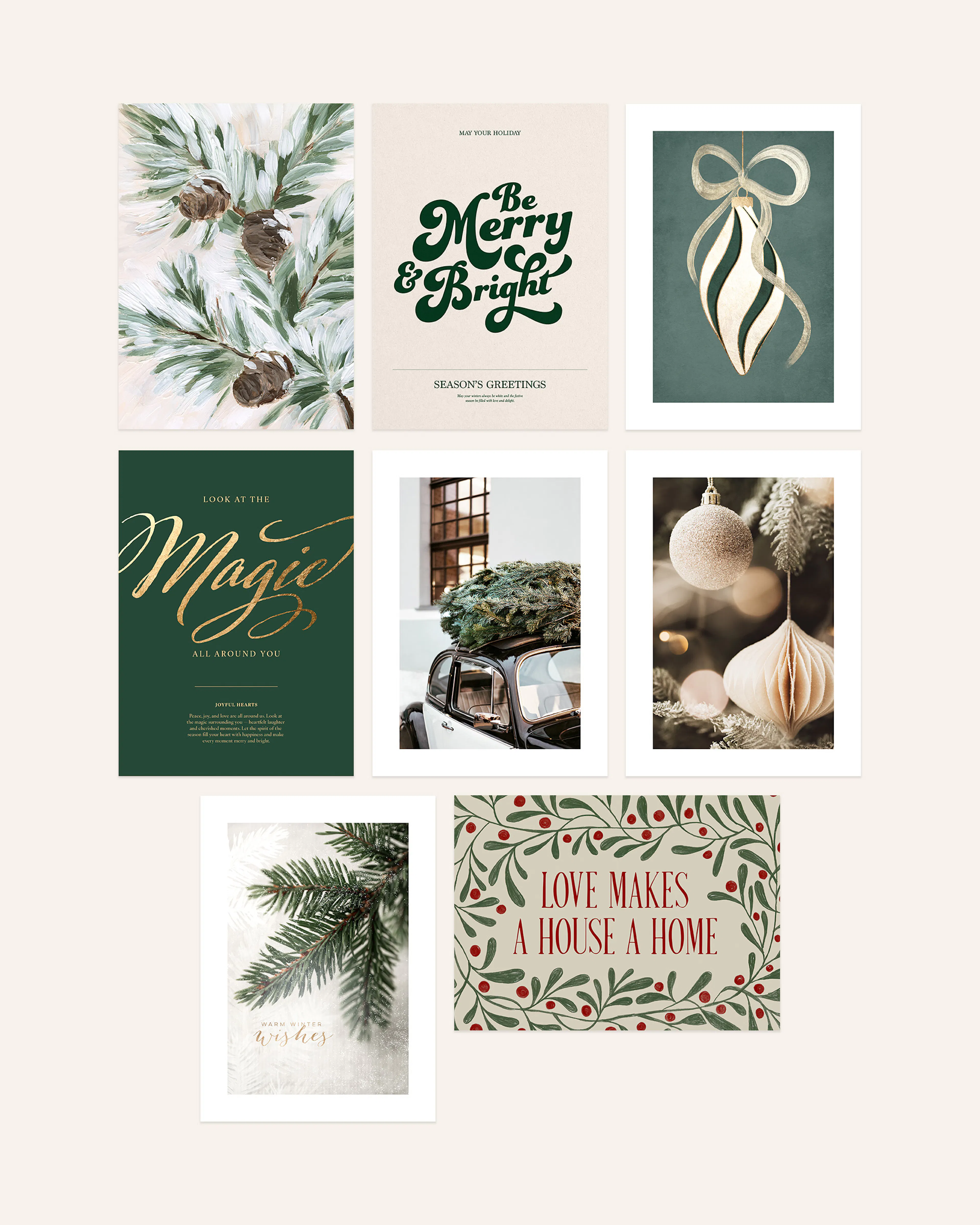 Ein Weihnachts-Posterset mit neun Motiven, darunter Tannenzweige, Schriftzüge und weihnachtliche Dekorationen.