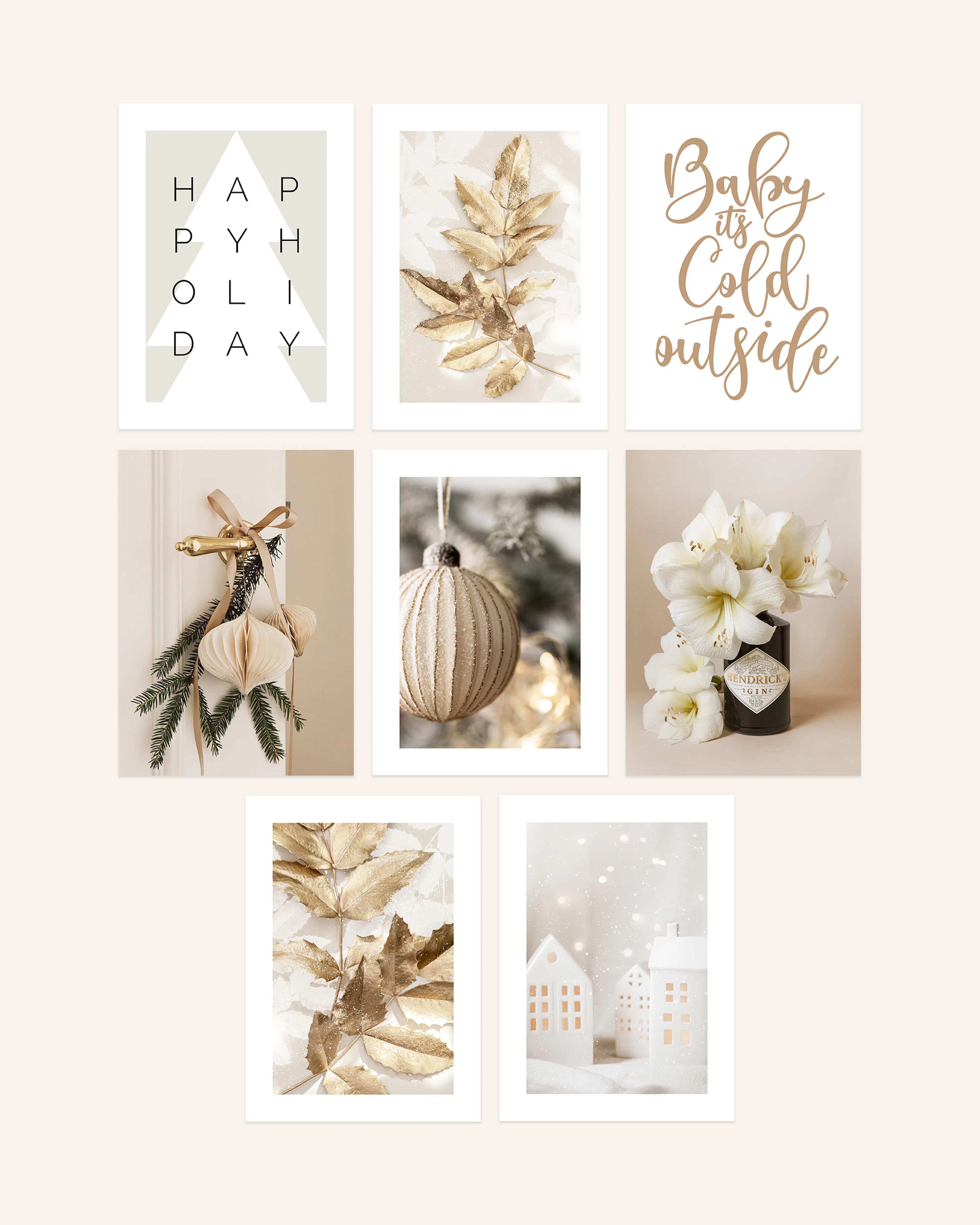 Posterset mit 7 winterlichen Motiven: Happy Holiday“ Schriftzug, goldene Blätter, Baby its Cold Outside“ Schriftzug, Türkranz, C