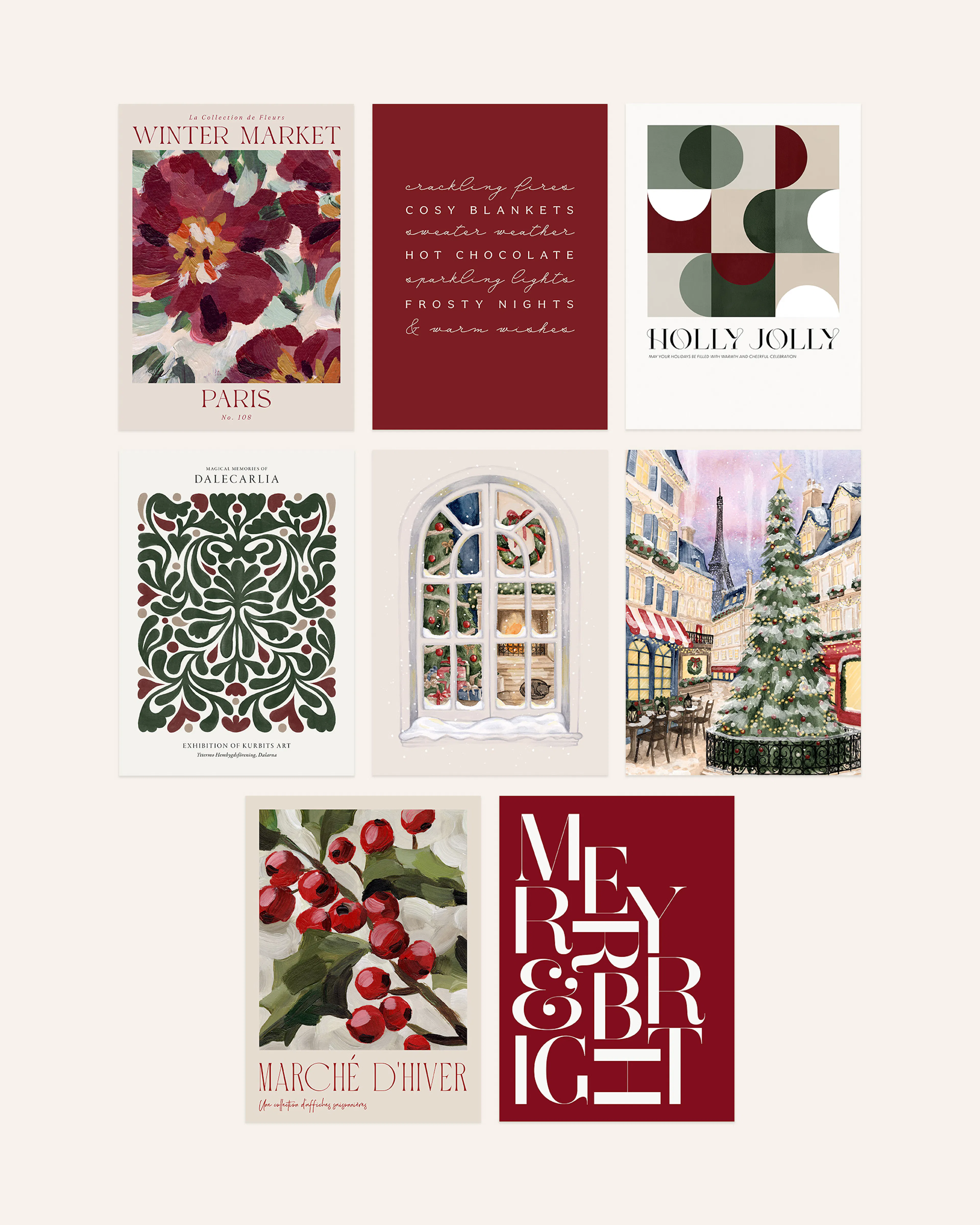 Ein Posterset mit verschiedenen Designs, darunter Blumen und Stadtansichten, umgeben von Geschenkpaketen auf grünem Stoff.