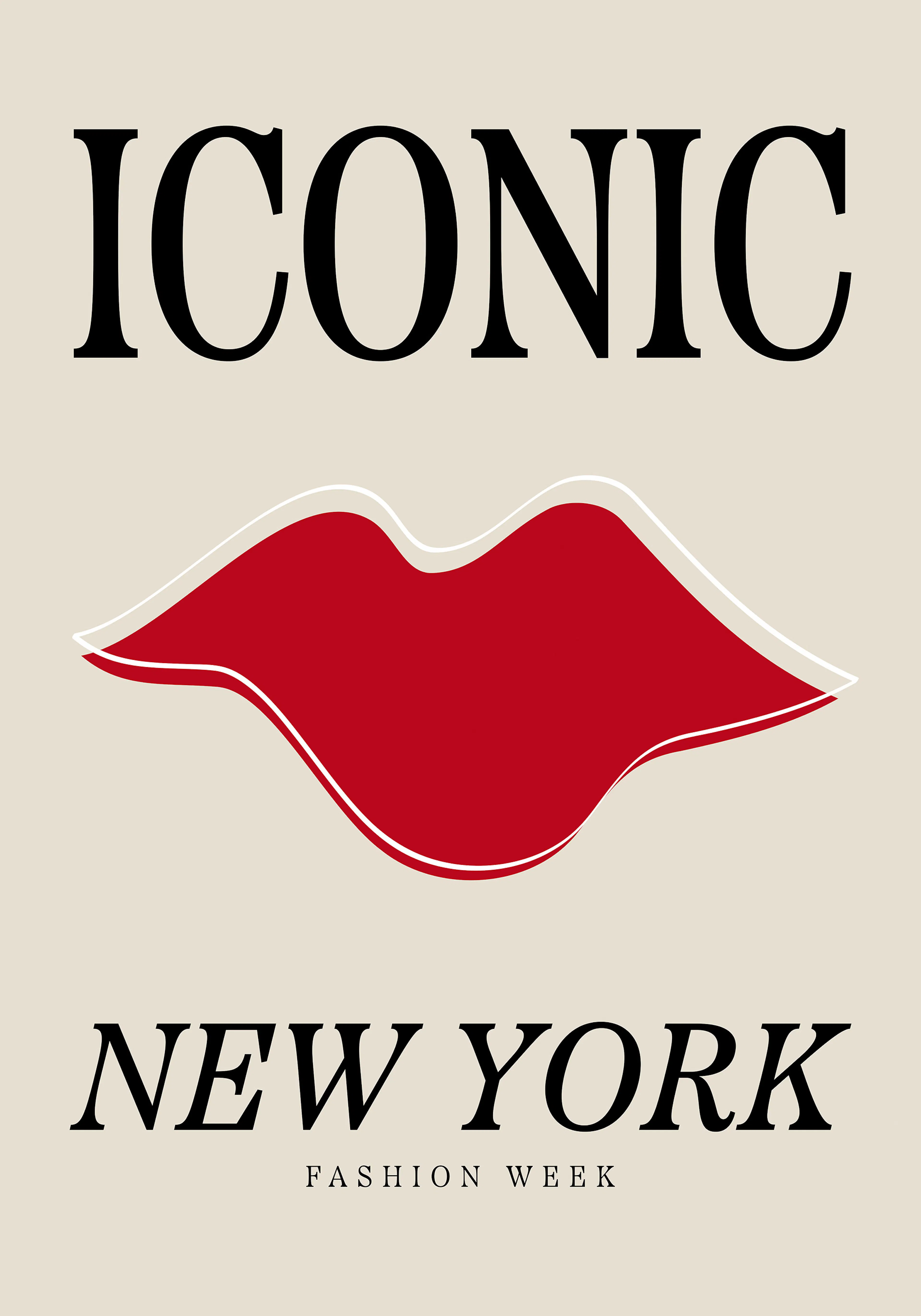 Póster de labios rojos con texto Iconic New York en negro sobre fondo beige, estilo moda.