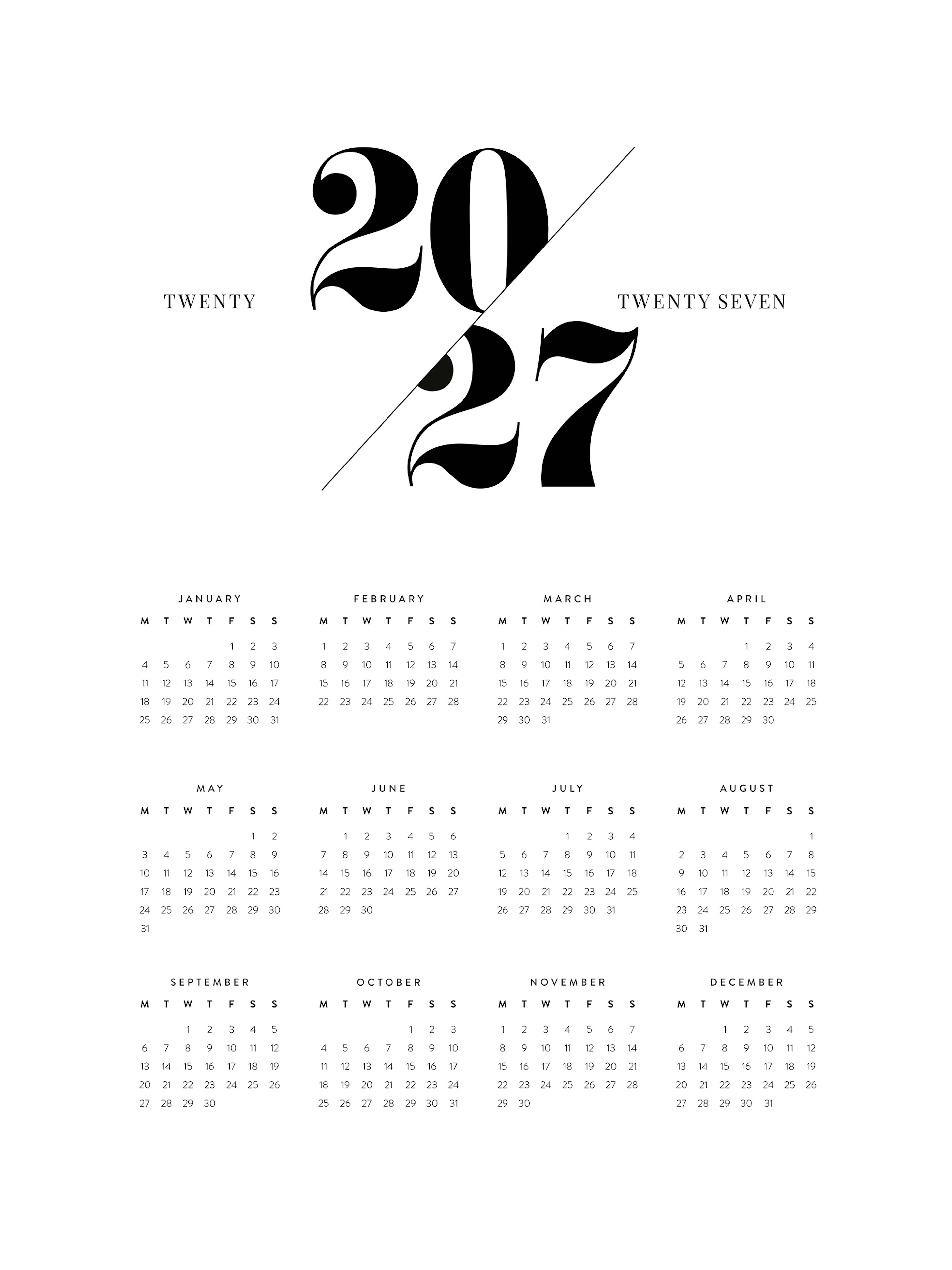 Calendar 2027, 2027년 미니멀 심플 월별 달력 포스터