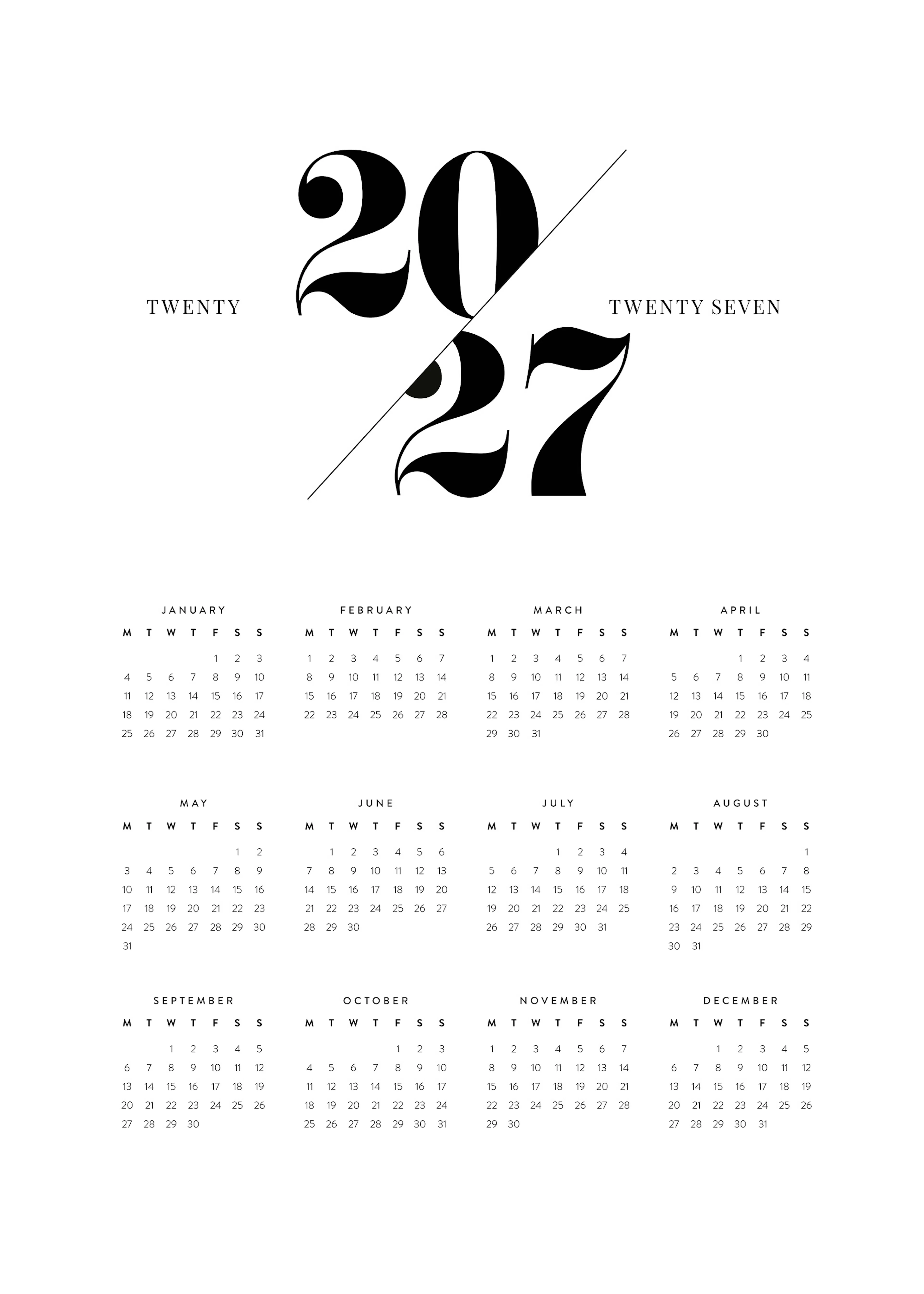 Calendar 2027, 2027년 미니멀 심플 월별 달력 포스터