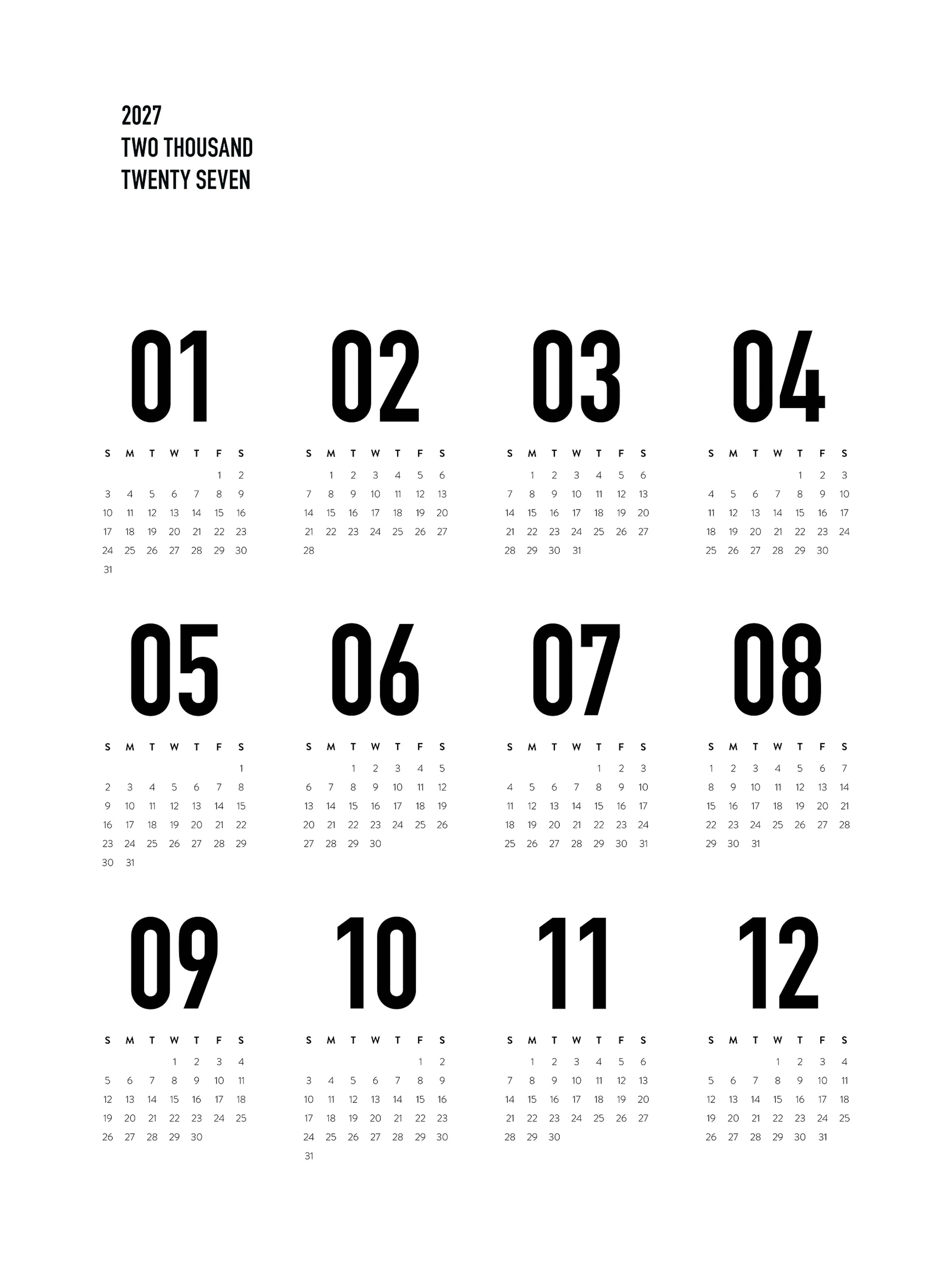 Calendar 2027 BW US, 심플 흑백 2027 달력 벽 아트