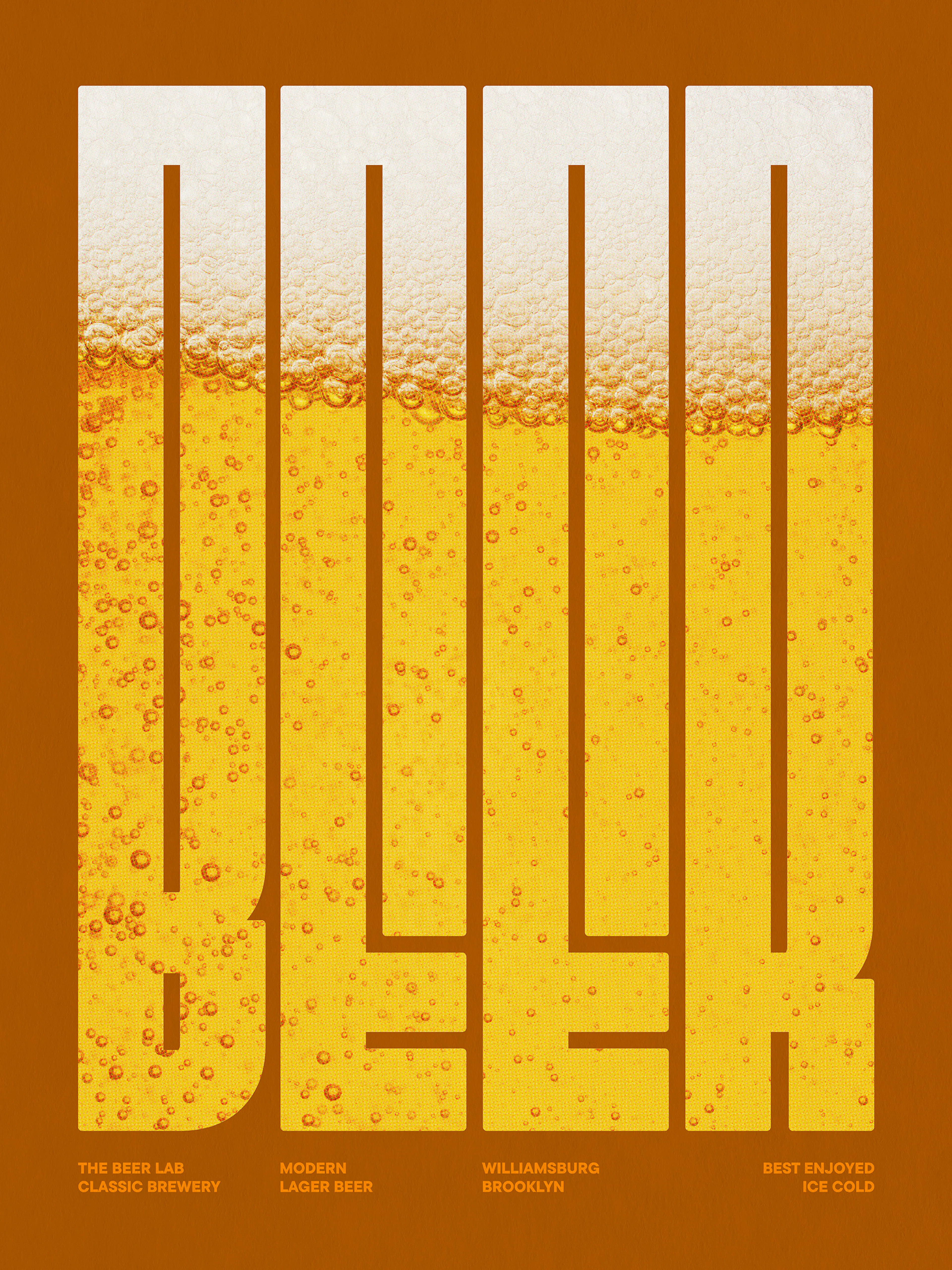 A print of the word BEER with beer bubbles and froth filling the letters, on a brown background.