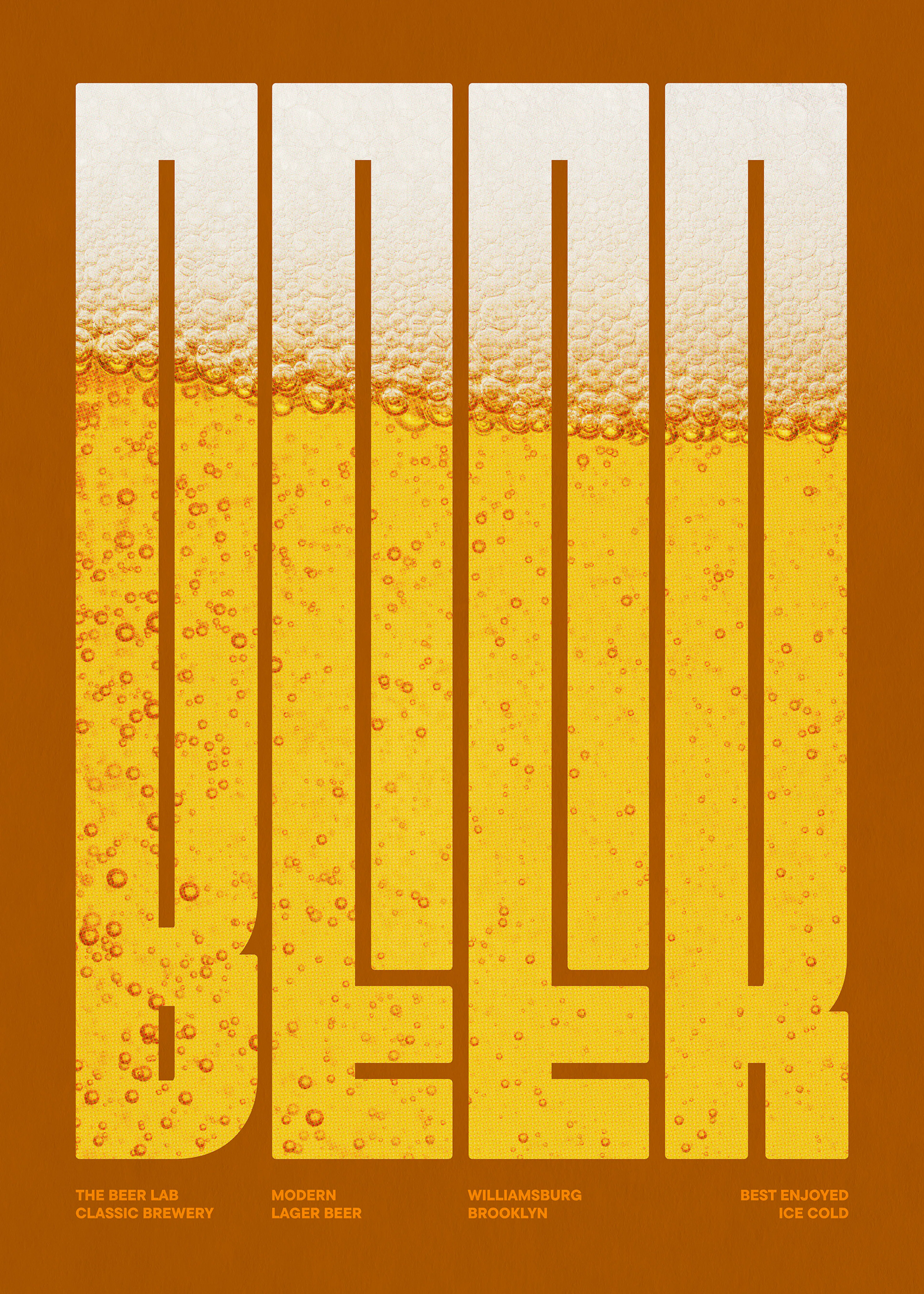 A print of the word BEER with beer bubbles and froth filling the letters, on a brown background.