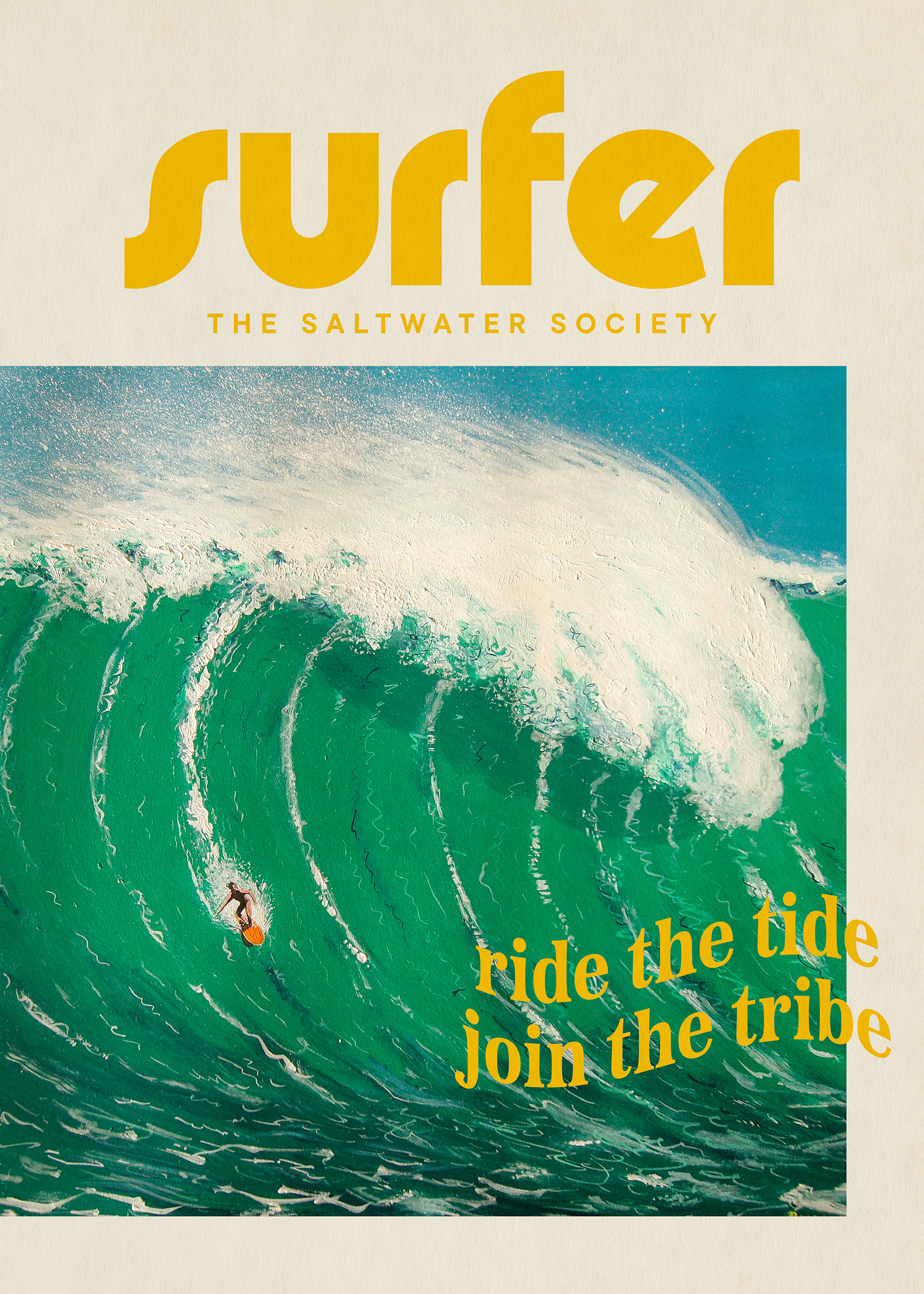 A surfing print featuring a surfer riding a large green and white ocean wave, with surfer and ride the tide join the tribe text.