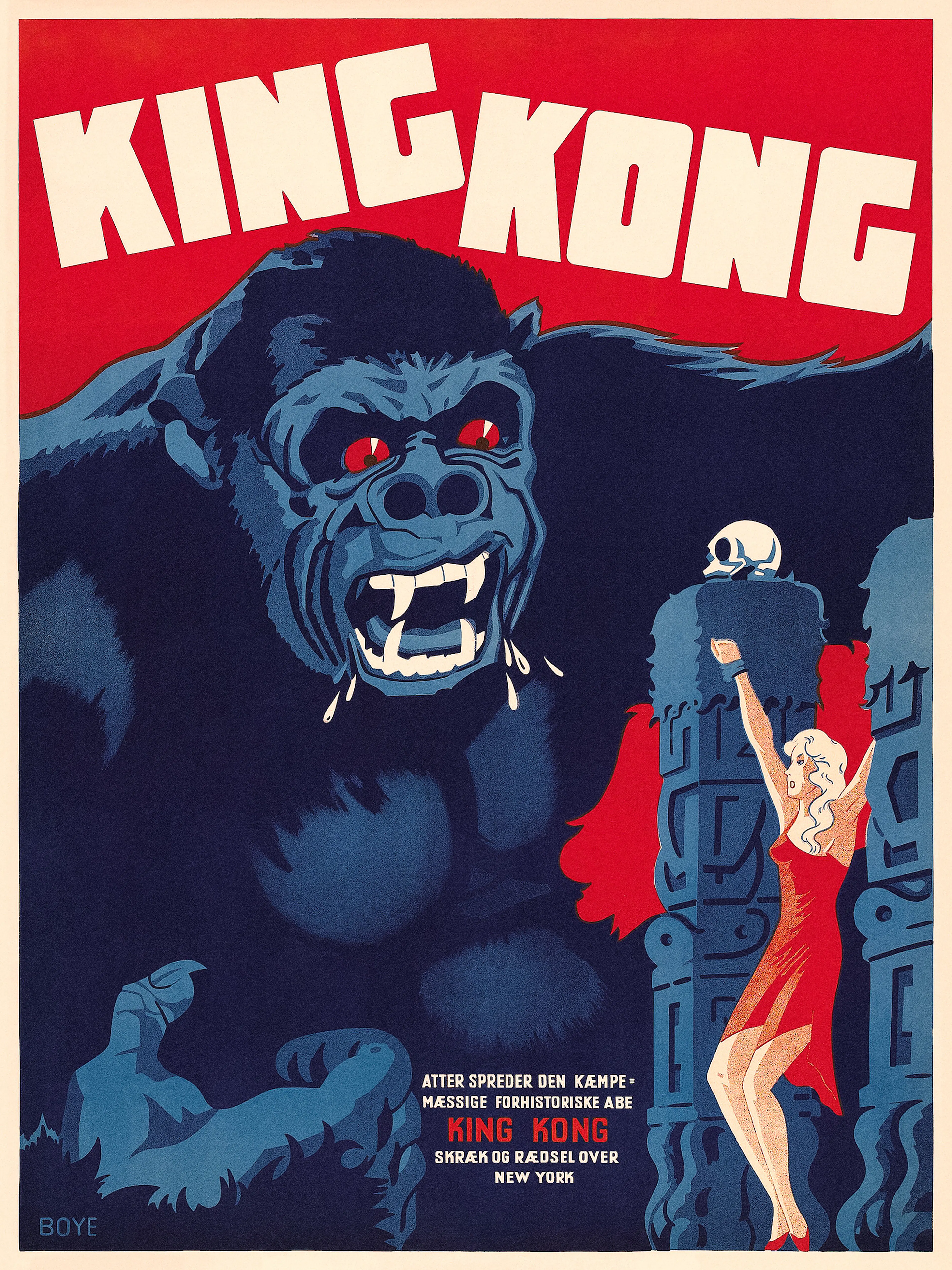 A vintage King Kong movie poster print featuring a large blue gorilla with red eyes and fangs, towering over a woman in a red dr