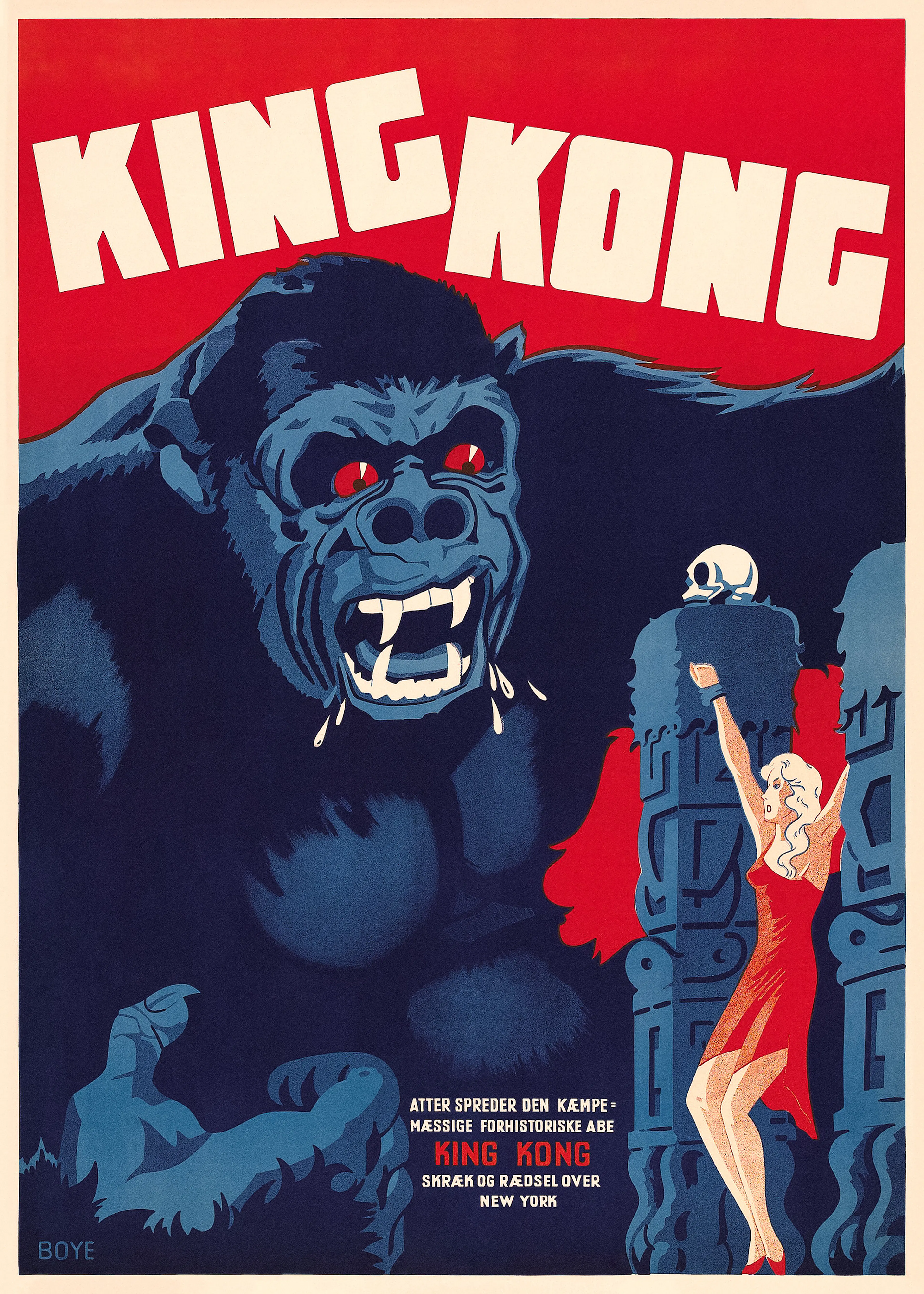A vintage King Kong movie poster print featuring a large blue gorilla with red eyes and fangs, towering over a woman in a red dr