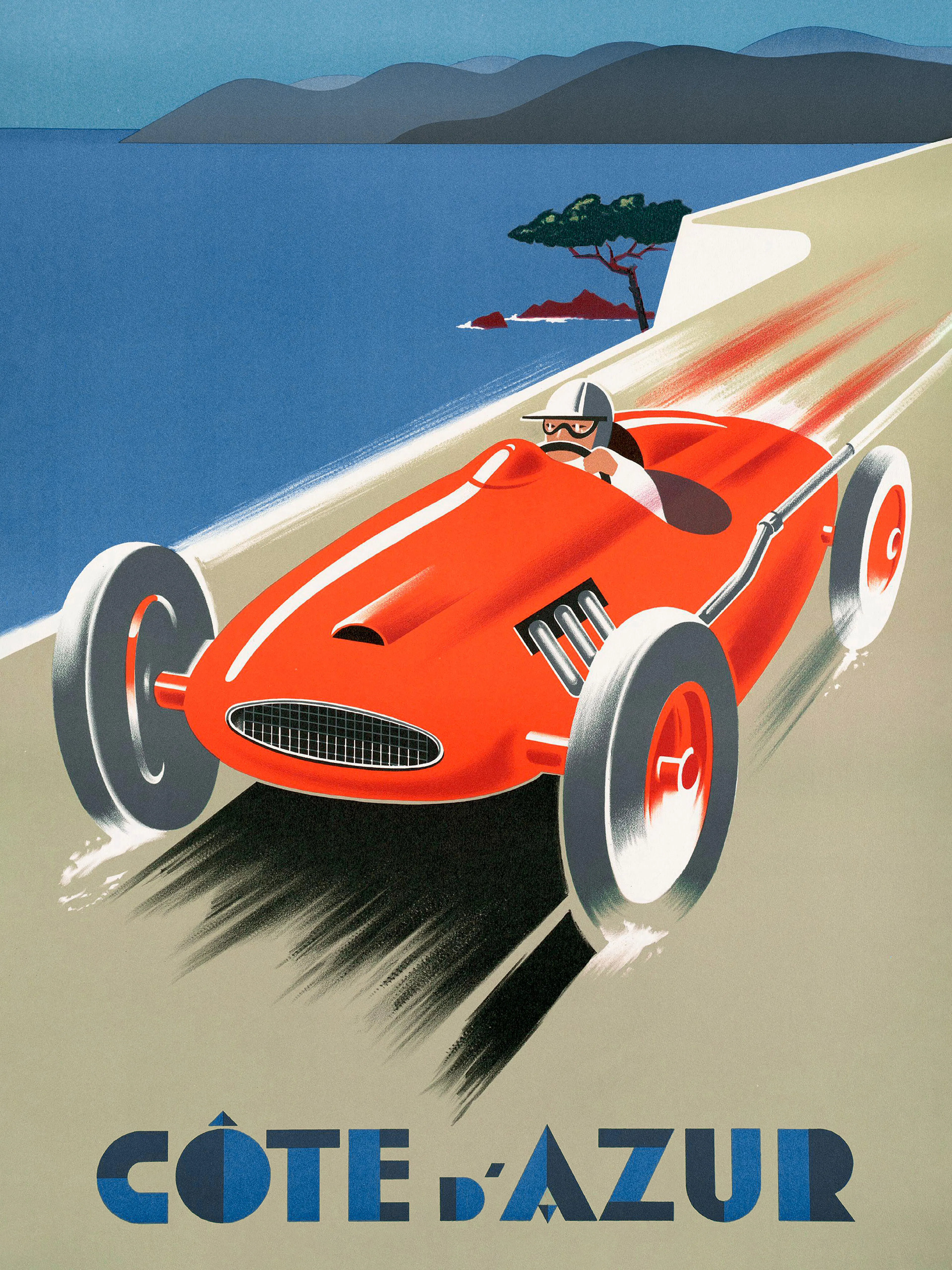 A vintage travel print of a red race car speeding along the French Riviera next to the blue Mediterranean Sea.