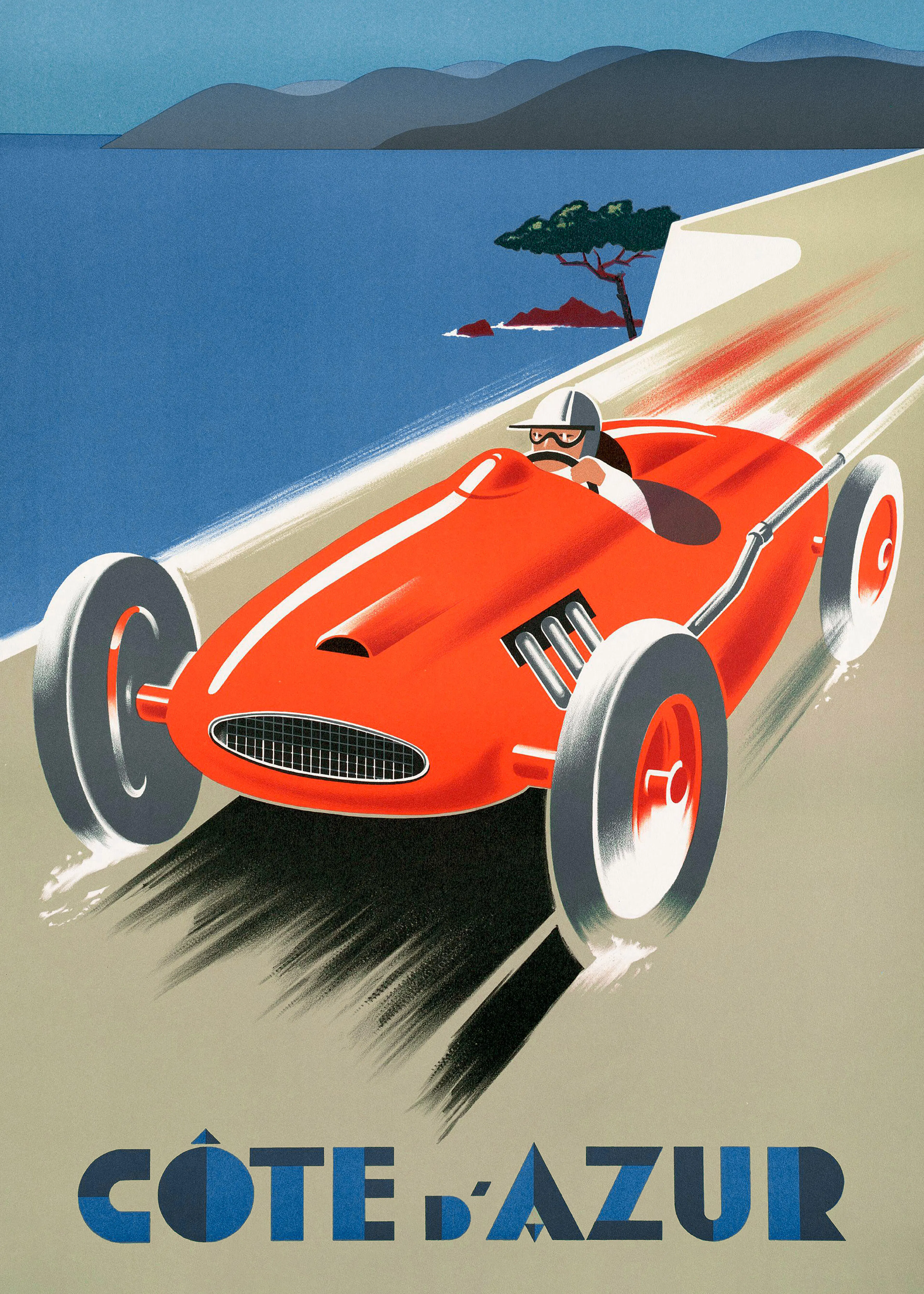 A vintage travel print of a red race car speeding along the French Riviera next to the blue Mediterranean Sea.