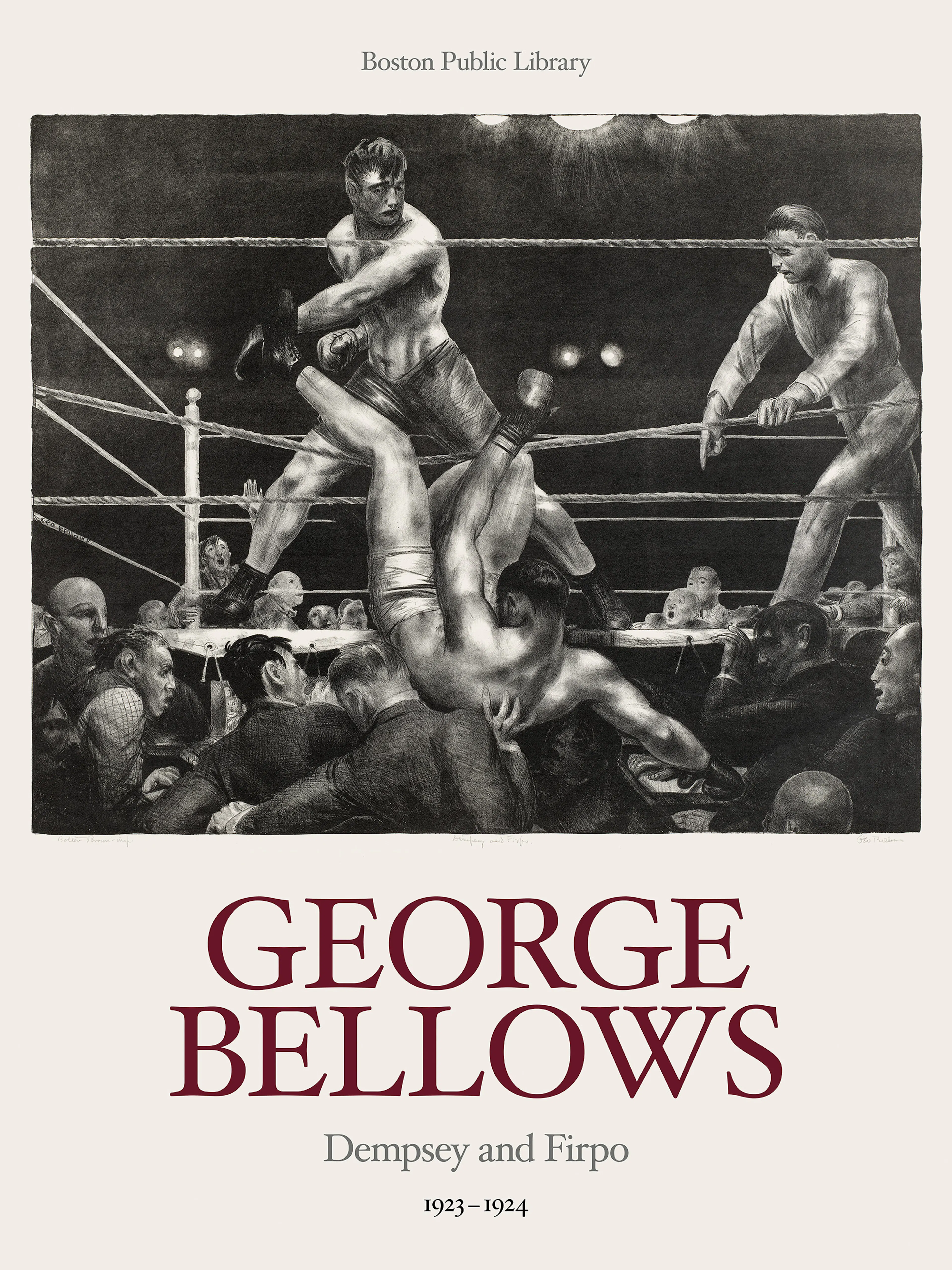 A print of two boxers, Dempsey and Firpo, in a ring with one falling, surrounded by onlookers, titled George Bellows.