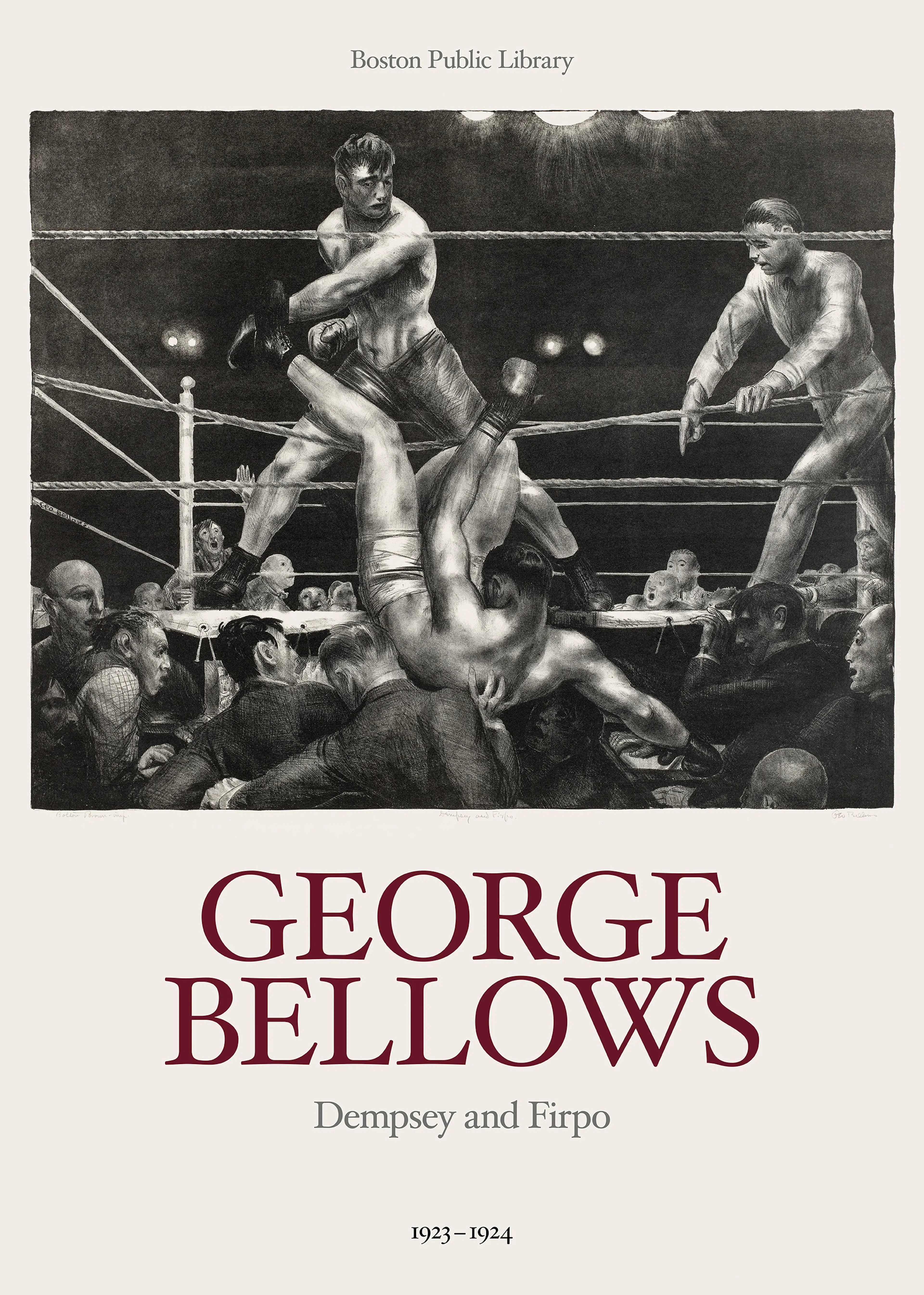 A print of two boxers, Dempsey and Firpo, in a ring with one falling, surrounded by onlookers, titled George Bellows.