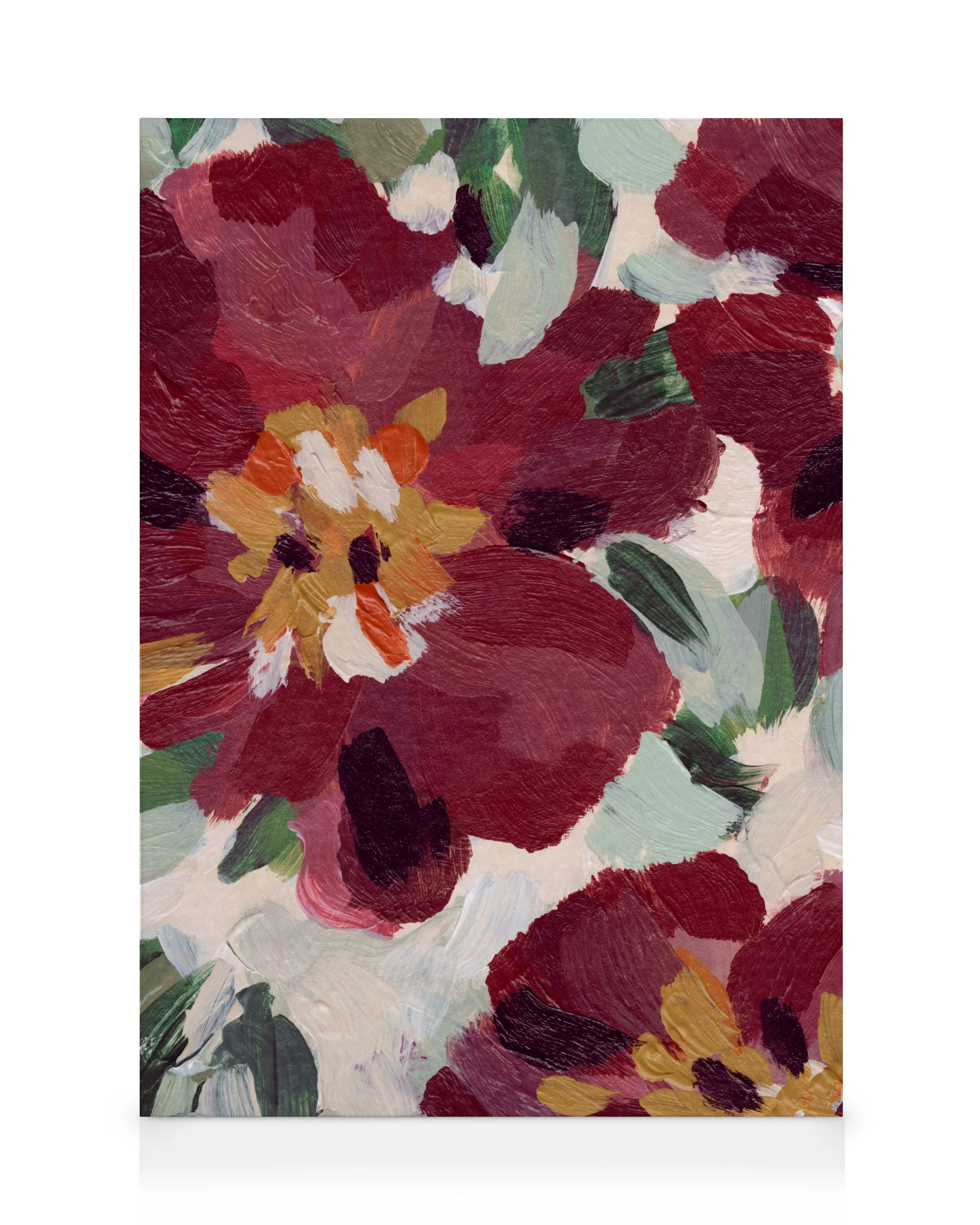 Toile Winter Market, peinture de fleurs rouges, blanches et feuilles vertes sur fond beige avec typographie Paris.