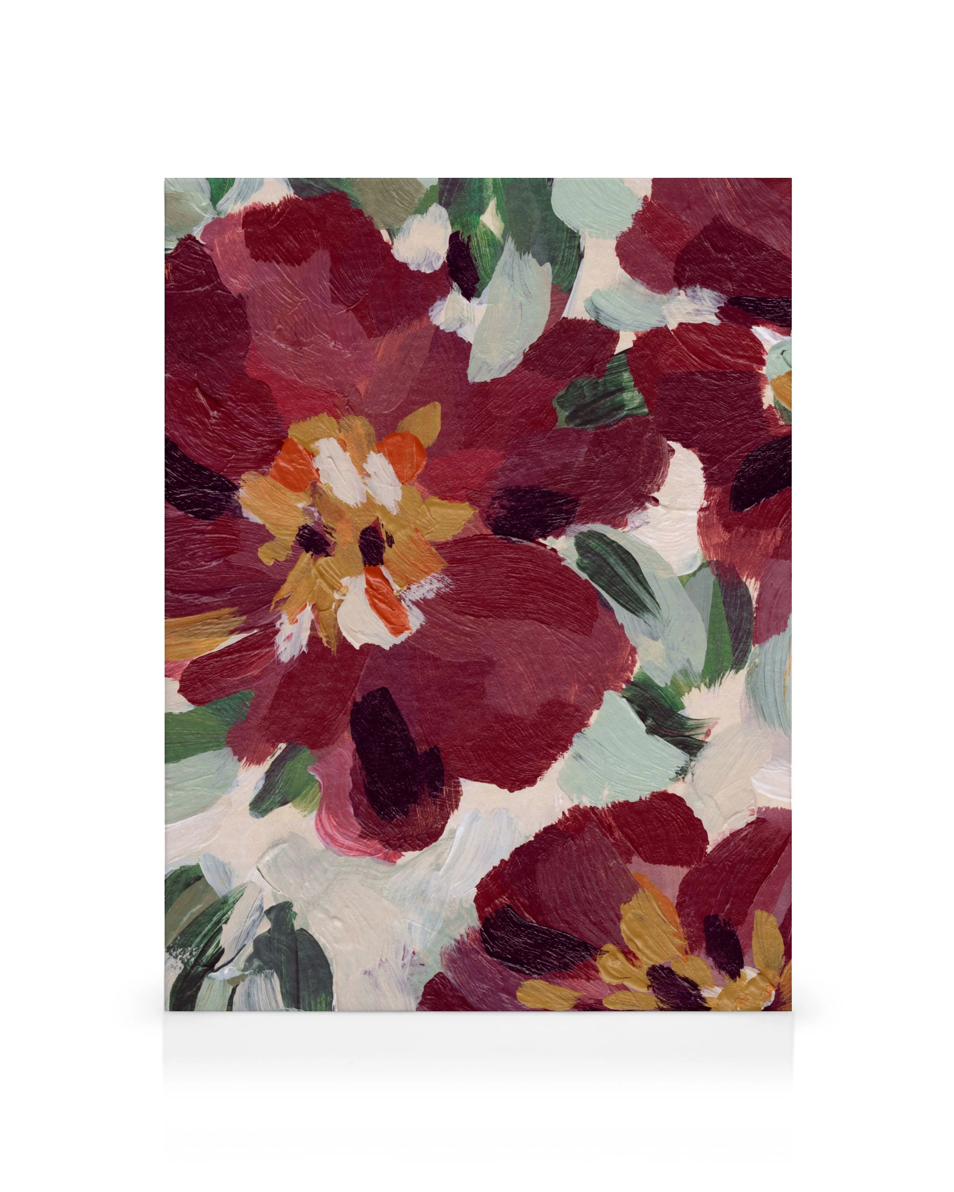 Toile Winter Market : peinture impressionniste de fleurs rouges et blanches, texte Winter Market et Paris No. 108, fond beige.