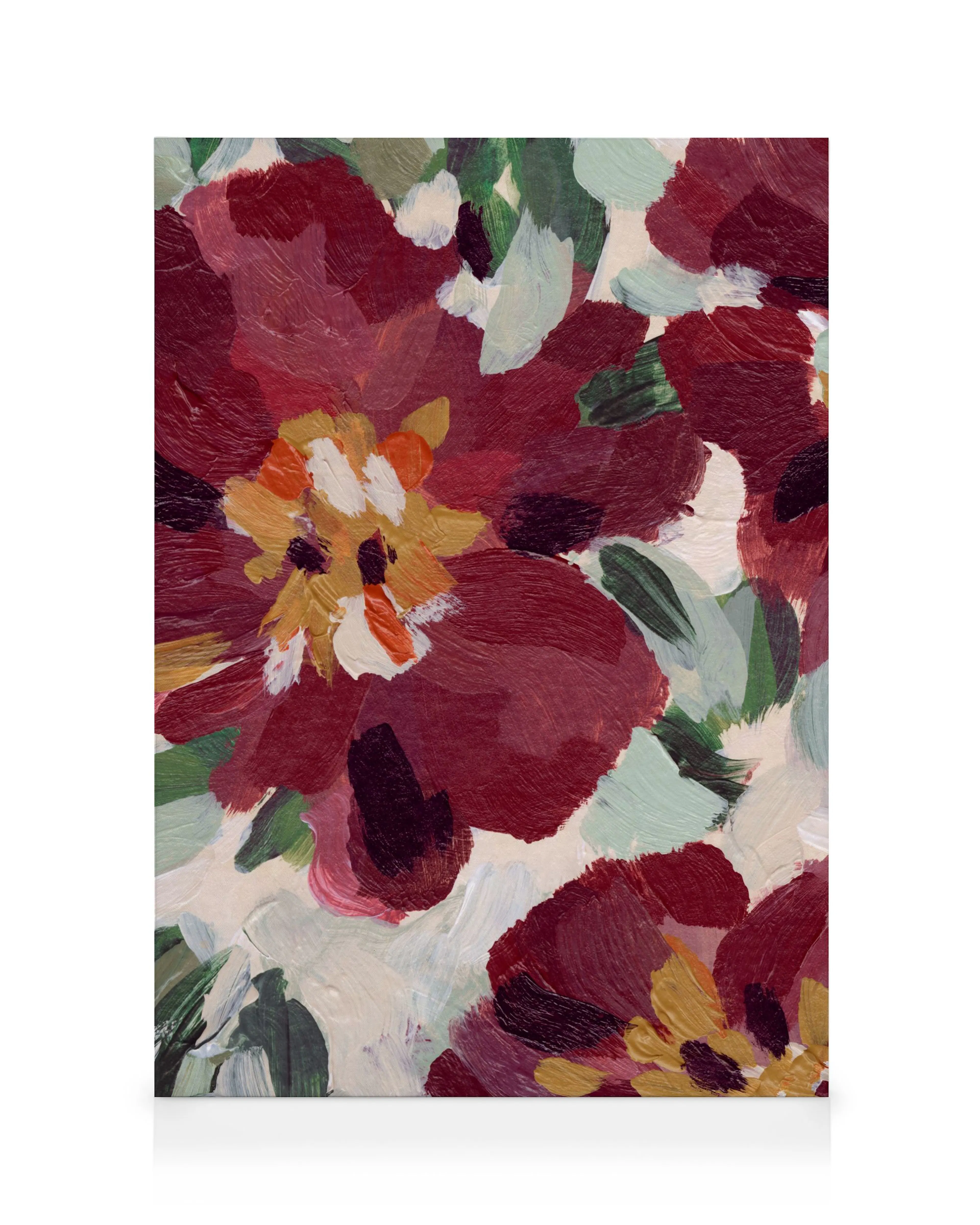 Pintura impressionista de flores vermelhas e brancas com folhas verdes exuberantes. Texto Winter Market e Paris No. 108.