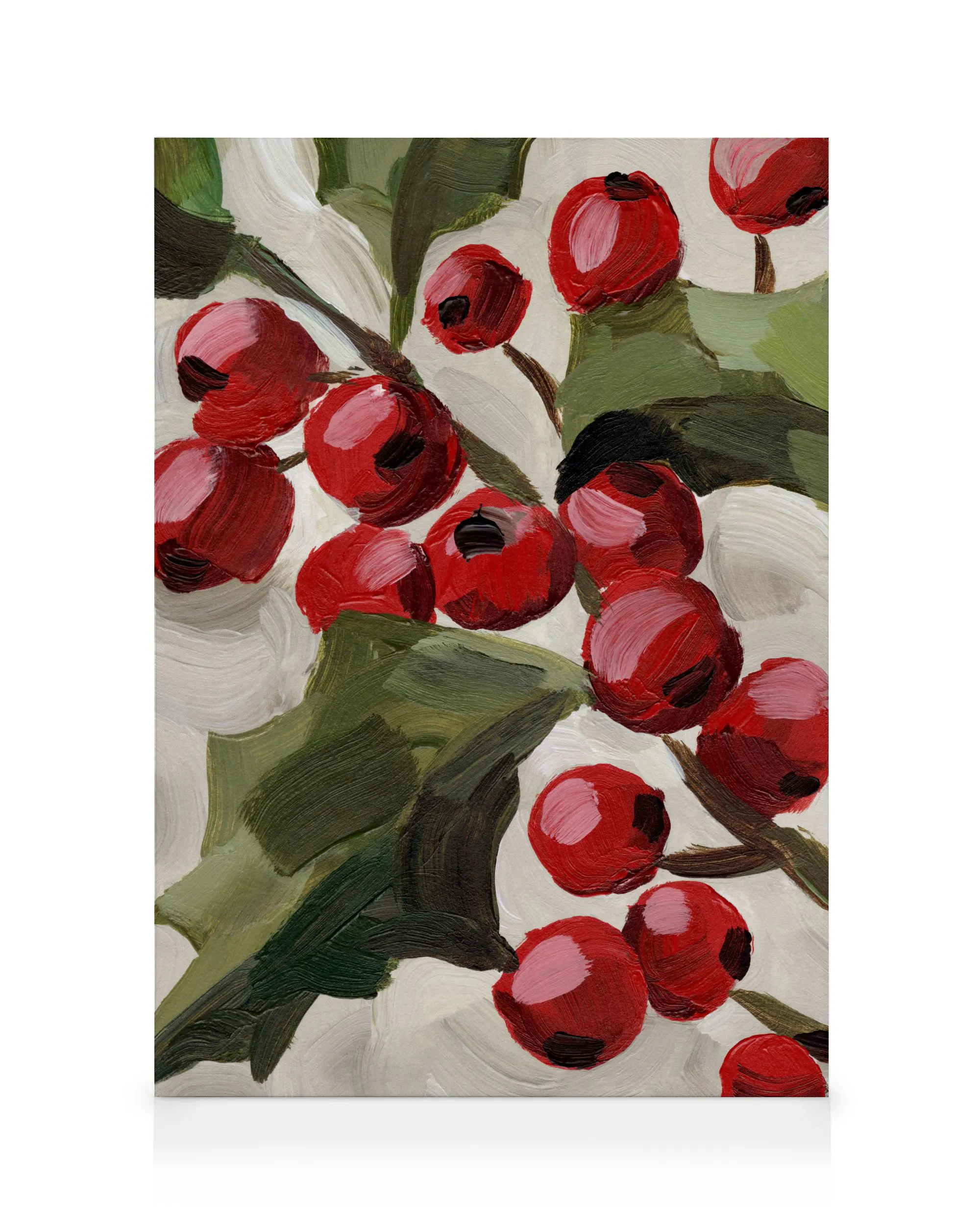 Textured winter floral canvas print with red berries, green leaves, and MARCHÉ DHIVER in red, creating seasonal wall art.