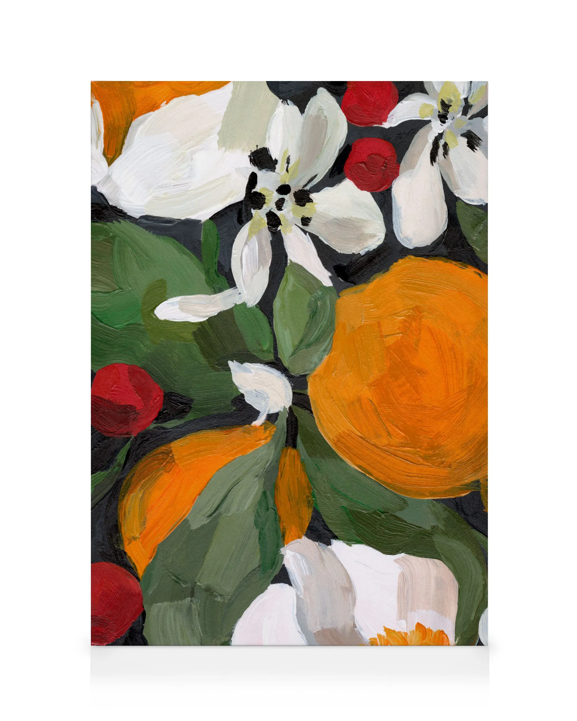 Marché DHiver No2 canvas print, featuring white flowers, red berries, and orange fruits on a dark background.