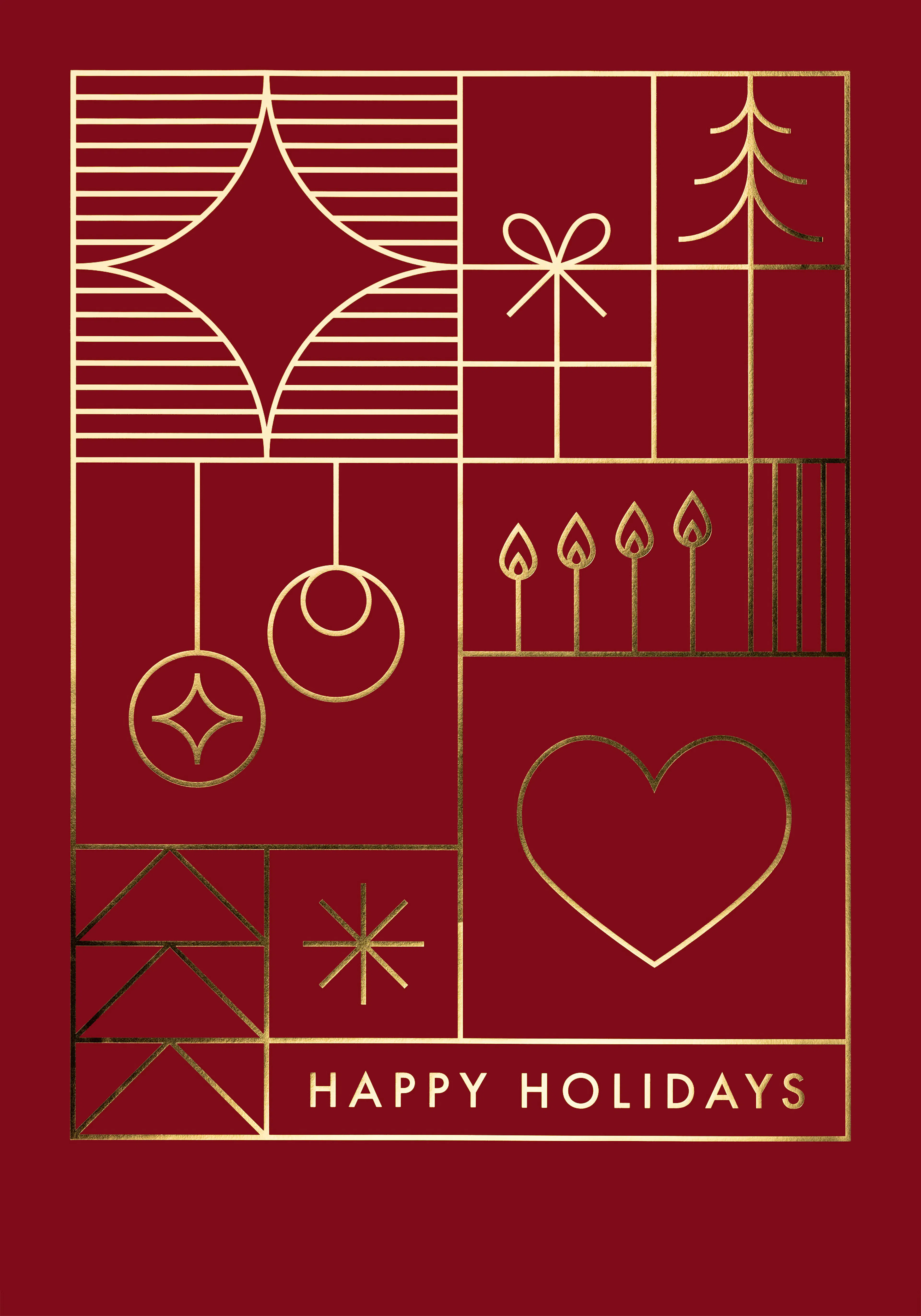 Affiche de Noël rouge avec des motifs dorés géométriques, incluant un cadeau, des bougies, un cœur et le texte Happy Holidays.