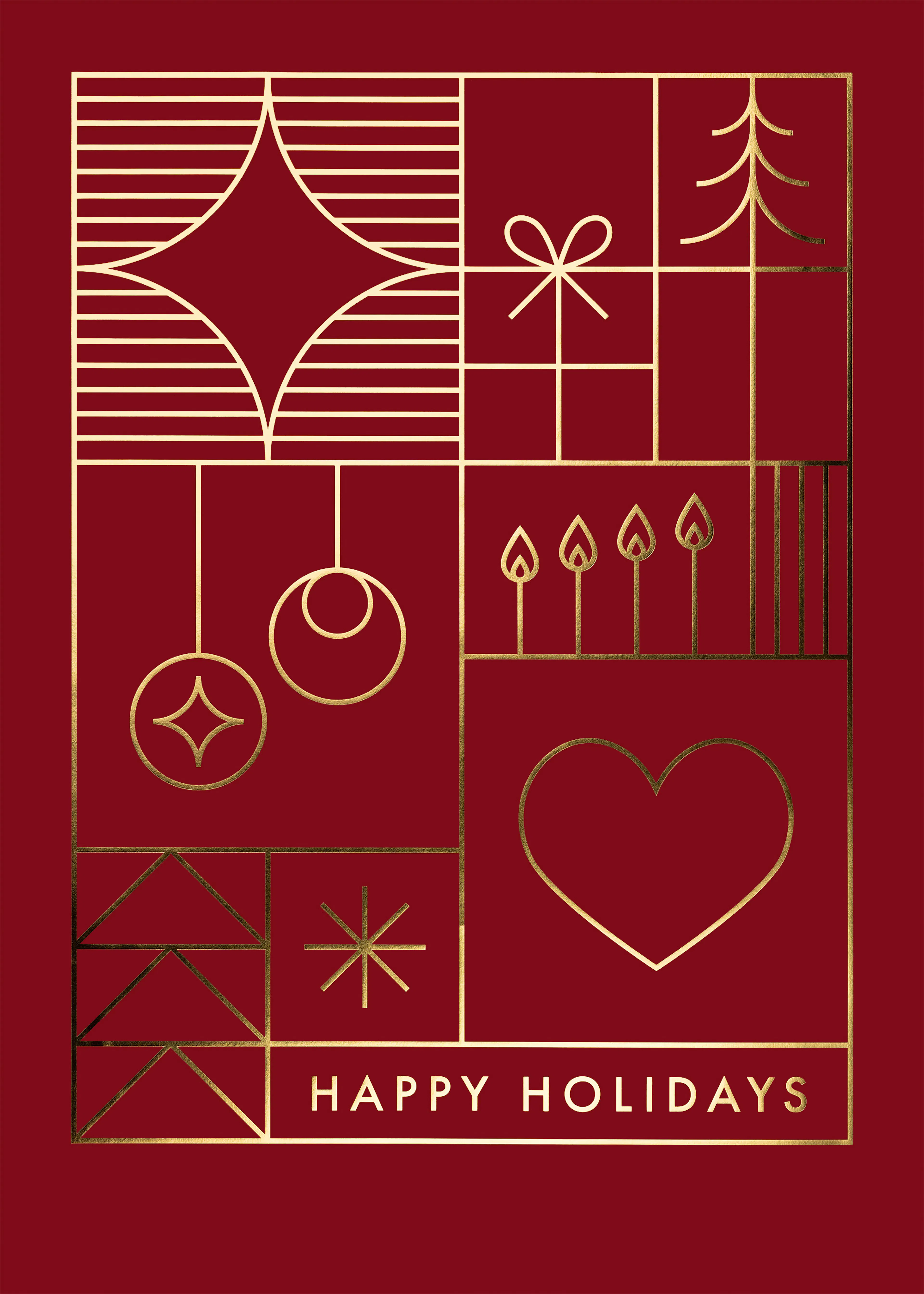Plakat ze złotymi rysunkami: gwiazda, serce, prezent, choinka, świeczki na czerwonym tle. Napis Happy Holidays.