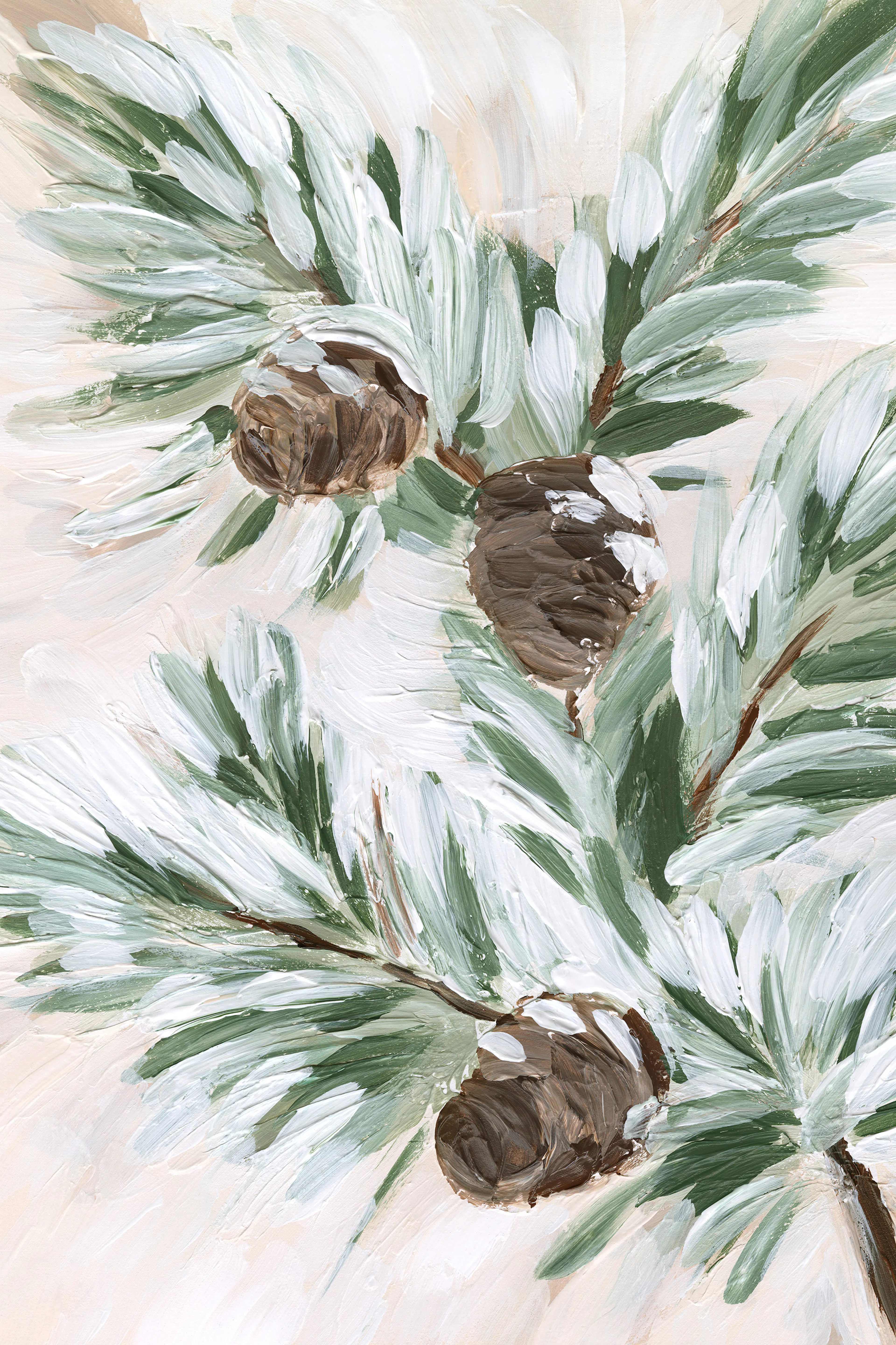 Póster de rama invernal con tres piñas nevadas y agujas de pino verdes sobre un fondo beige, estilo pincelada.
