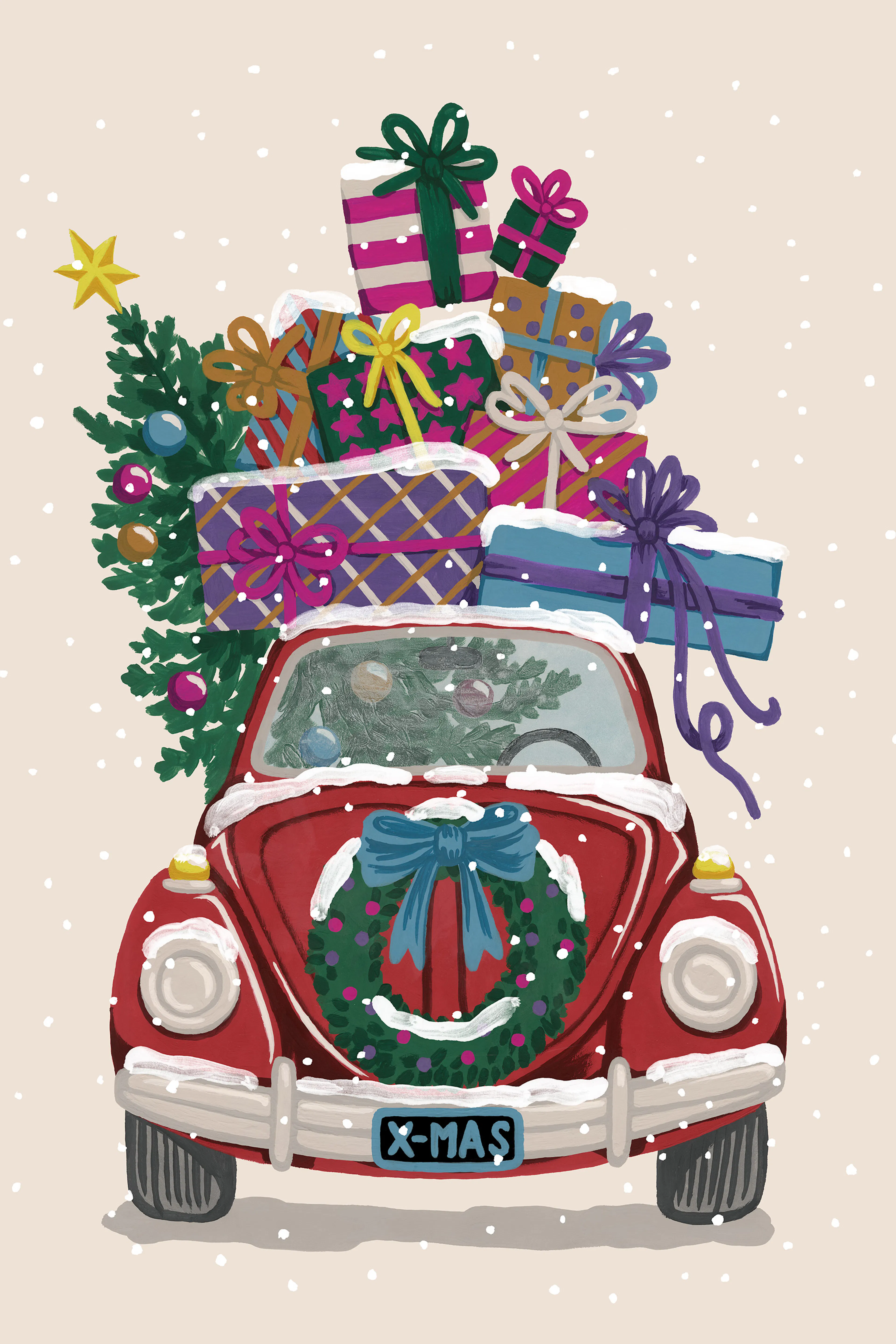 Kerstposter met rode auto, kerstboom, cadeaus en X-MAS nummerplaat onder vallende sneeuwvlokken.