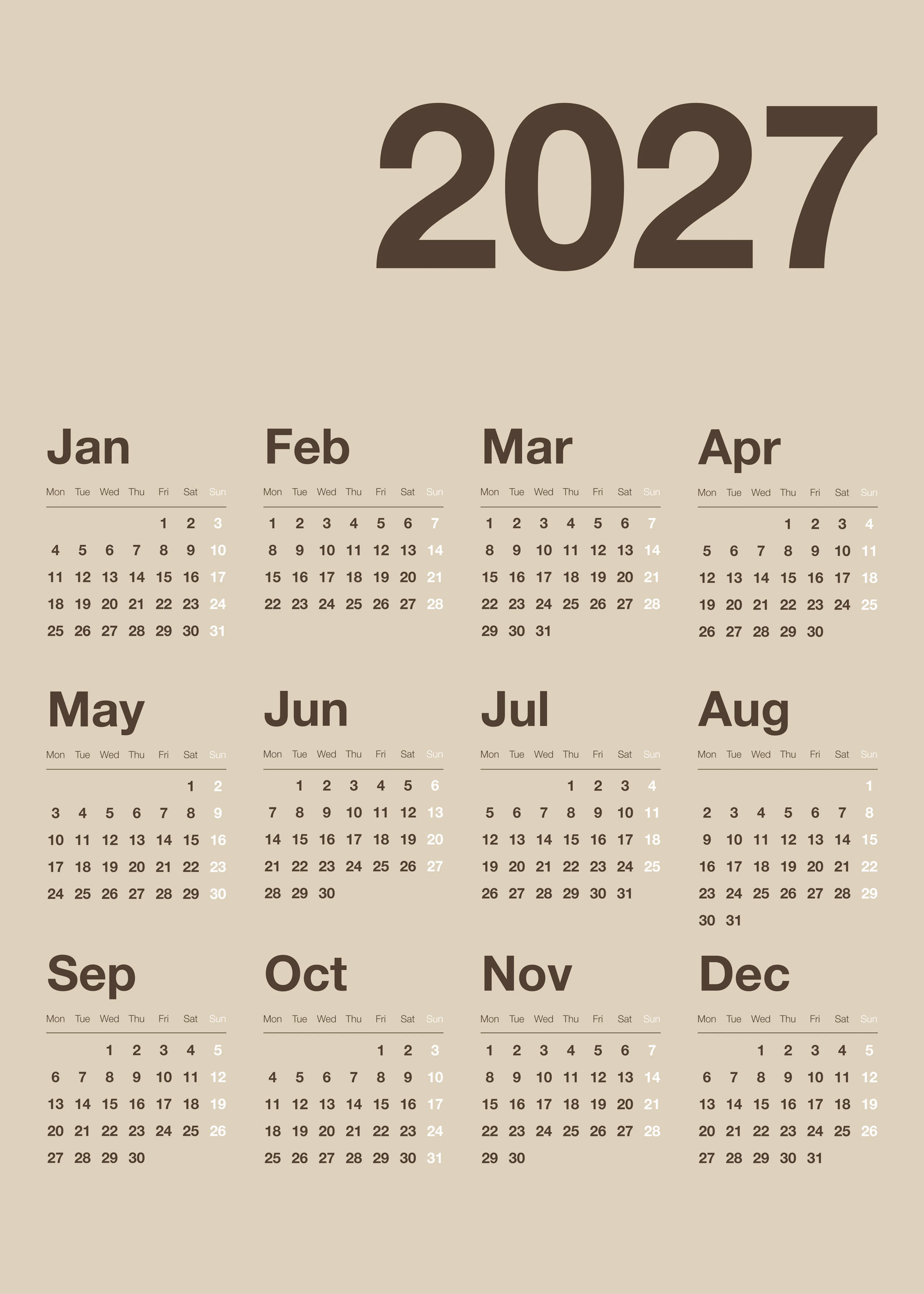 Beige Calendar 2027 Poster 0