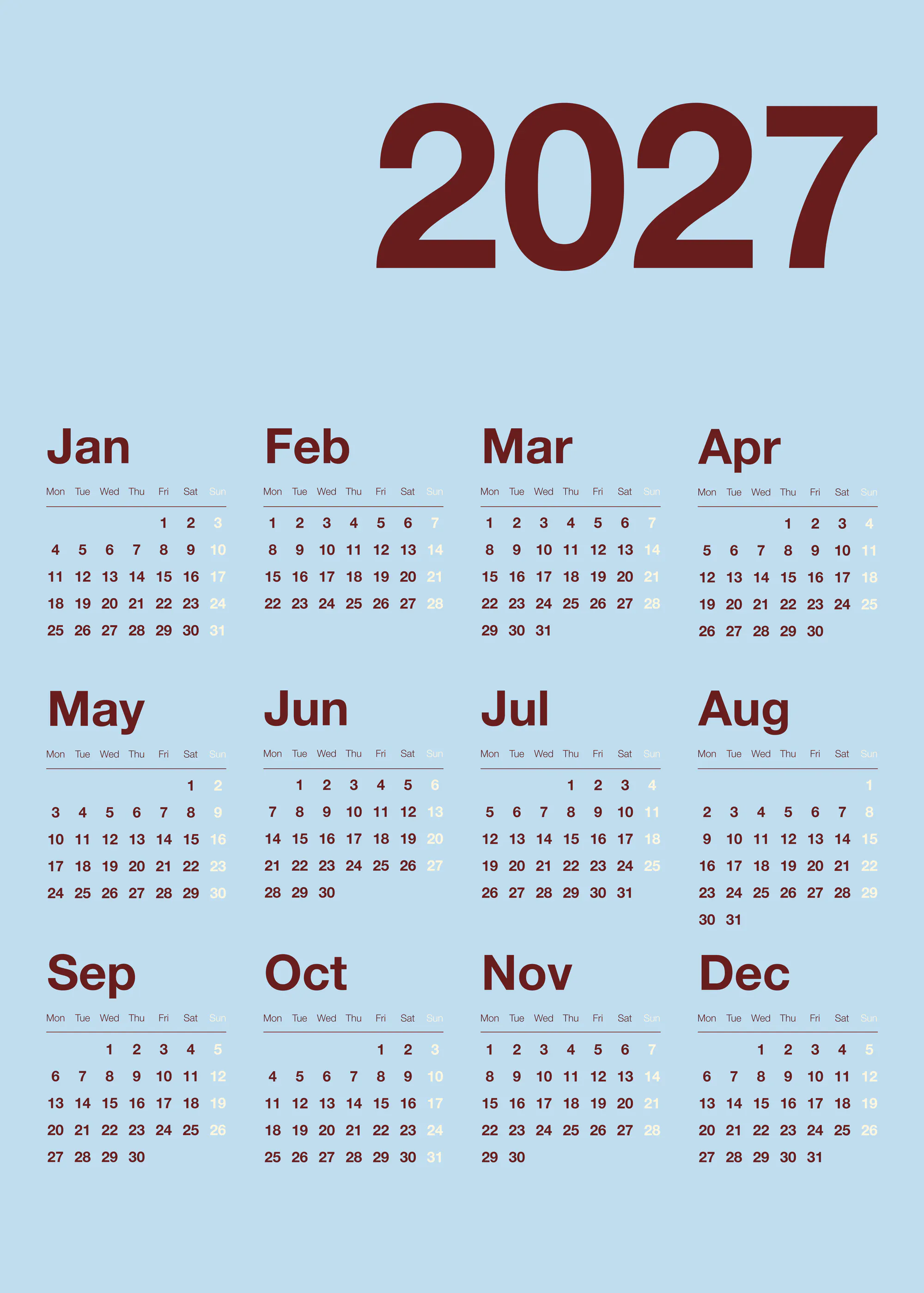 Light Blue Calendar 2027 Poster 0