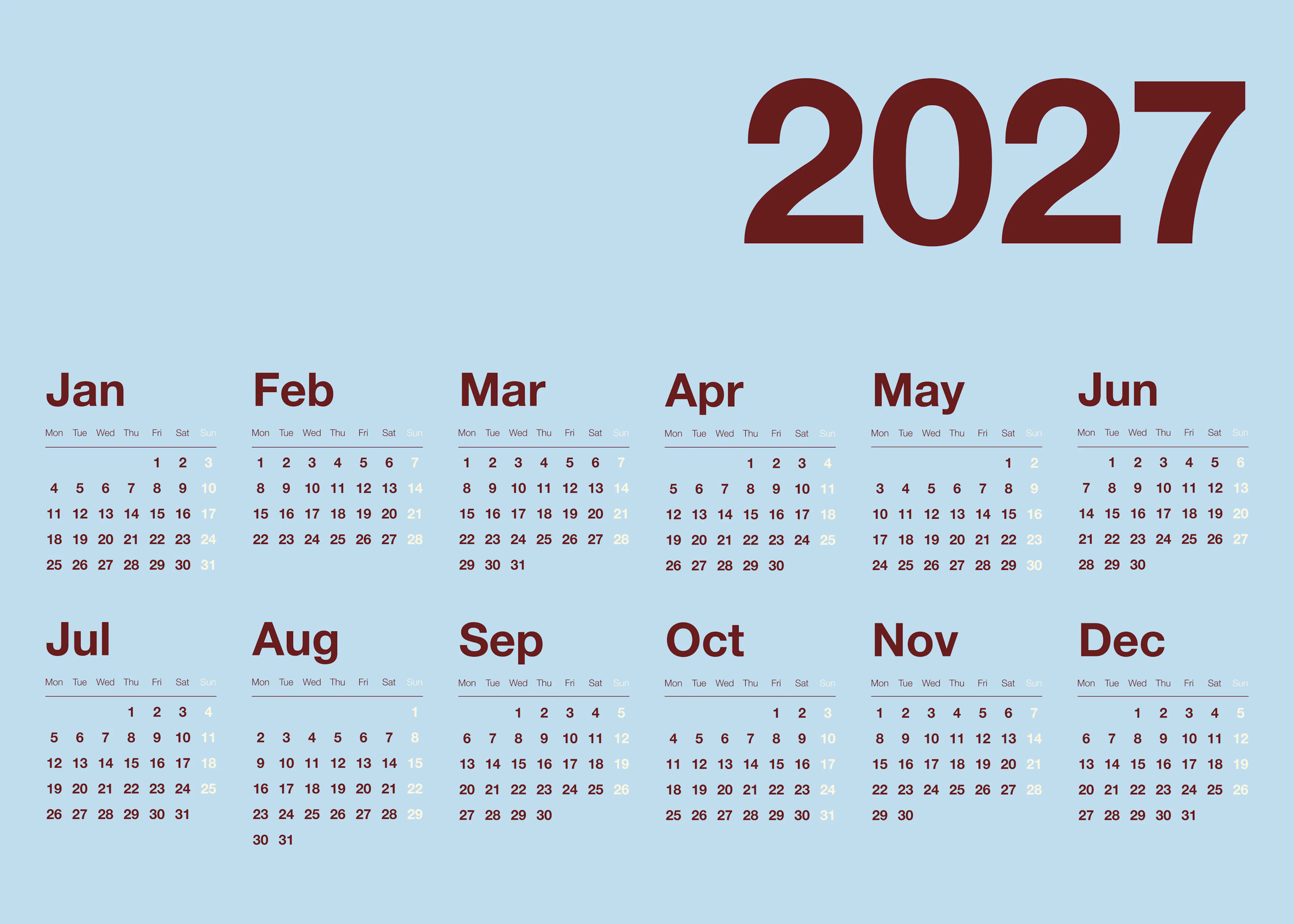 Light Blue Landscape Calendar 2027 Poster 0